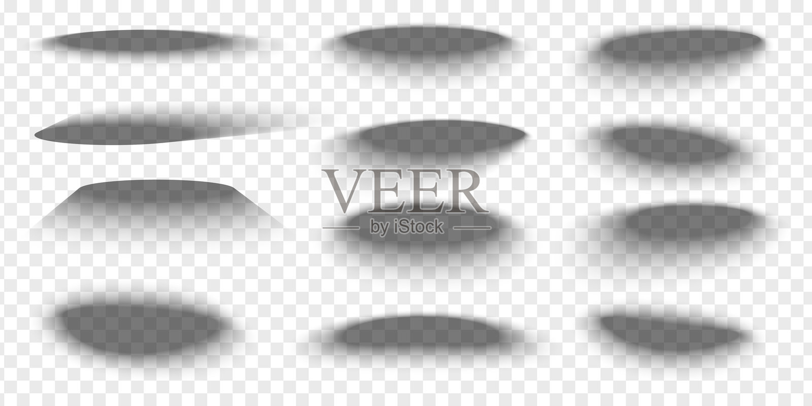 一组椭圆形纸箱或包装盒的阴影效果。不同的逼真柔和灰色形状用于模型展示。椭圆形阴影在透明背景上独立展示。矢量插图插画图片素材