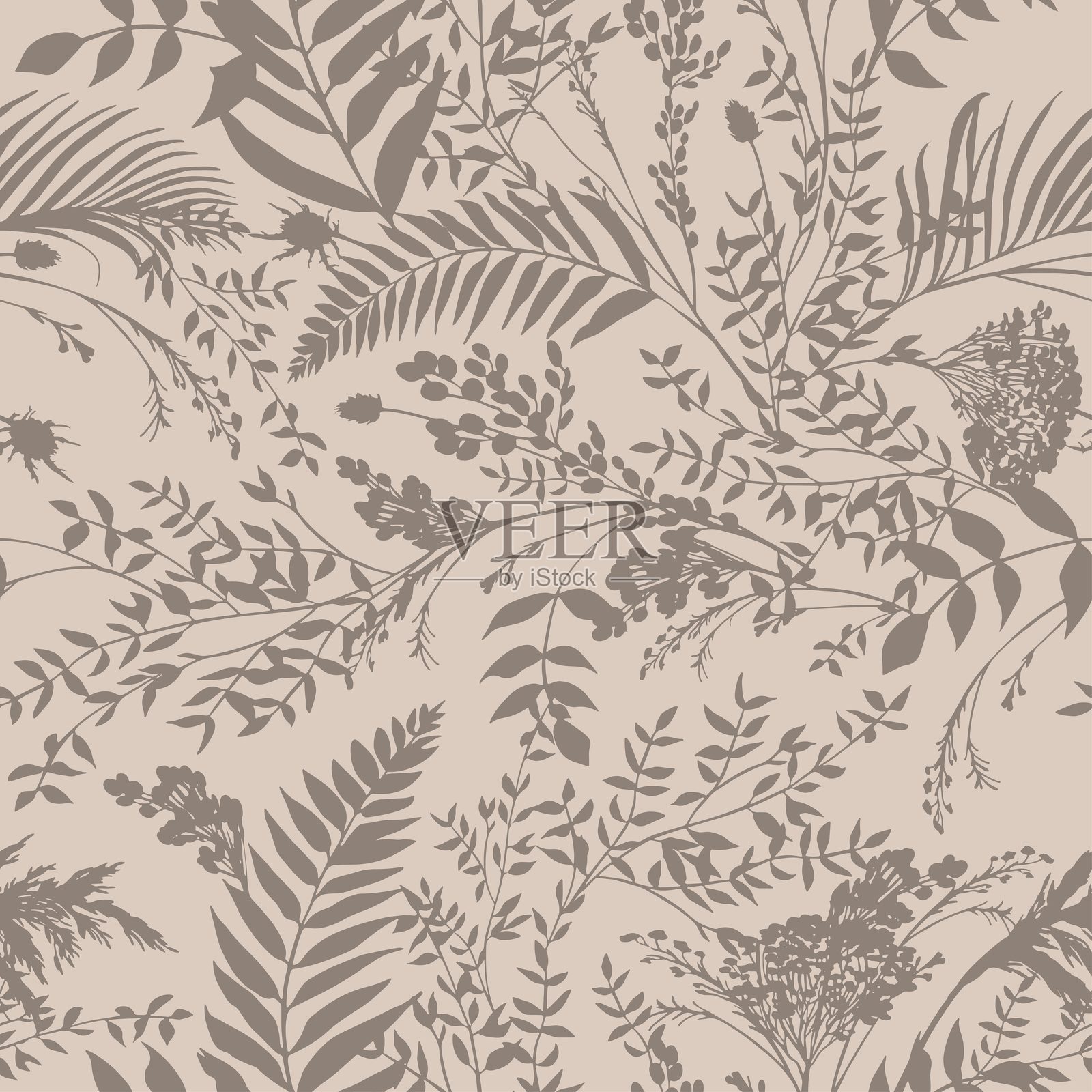 现代热带图案，带有灌木丛，采用实用的中性色调插画图片素材