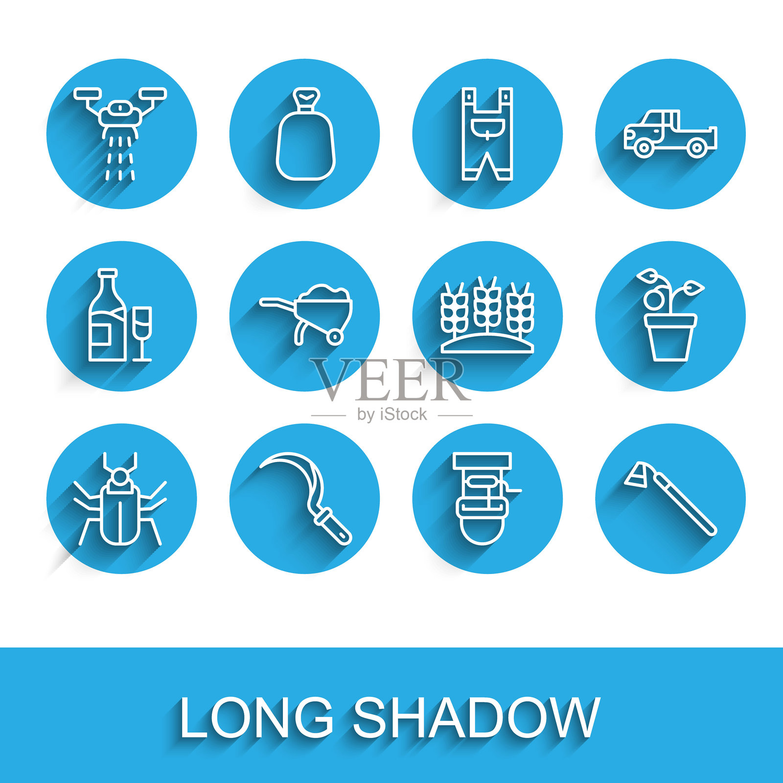 昆虫飞行、镰刀、智能农场与无人机、井桶、园艺锄、手推车土壤、盆栽植物和小麦图标。矢量图插画图片素材