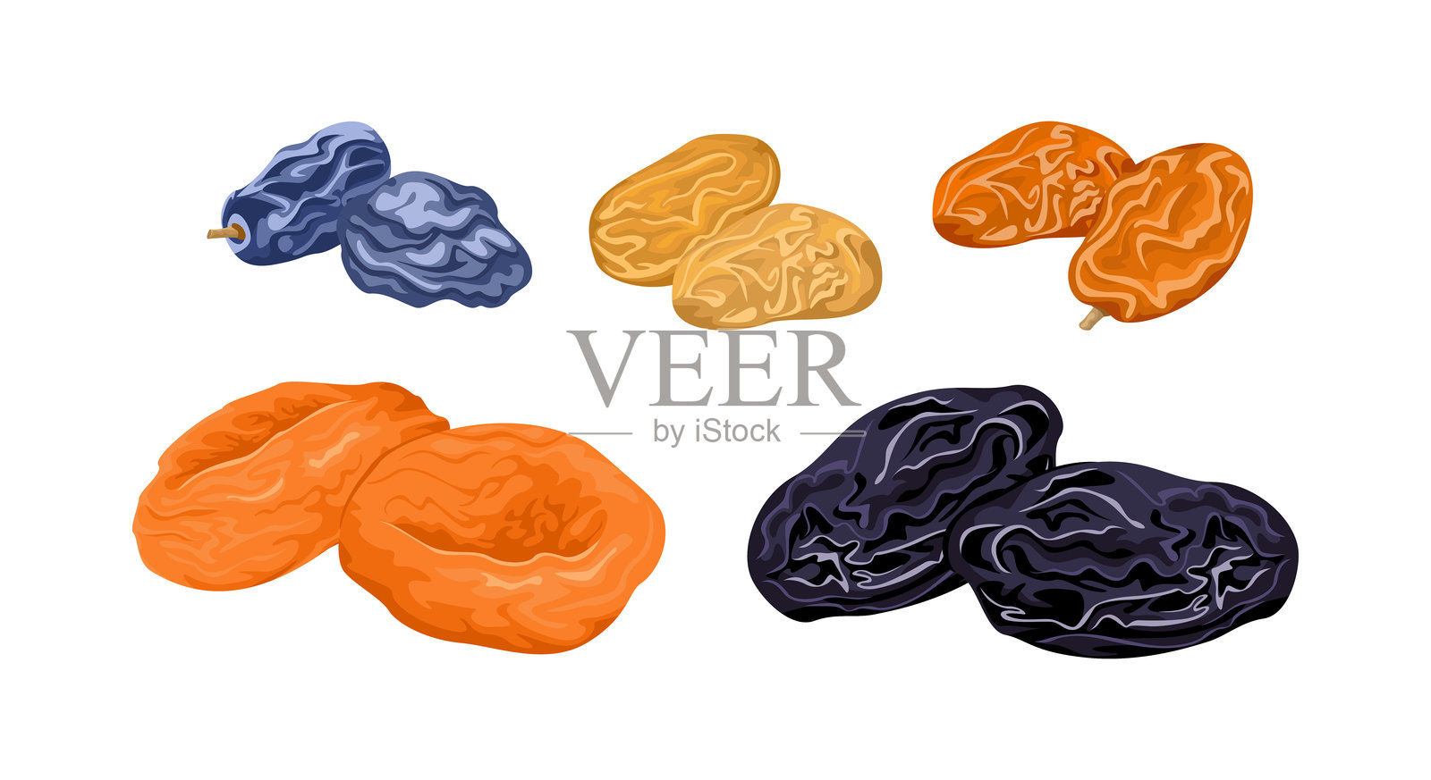 干果组合。葡萄干、干杏和梅干。矢量卡通平面插图。插画图片素材