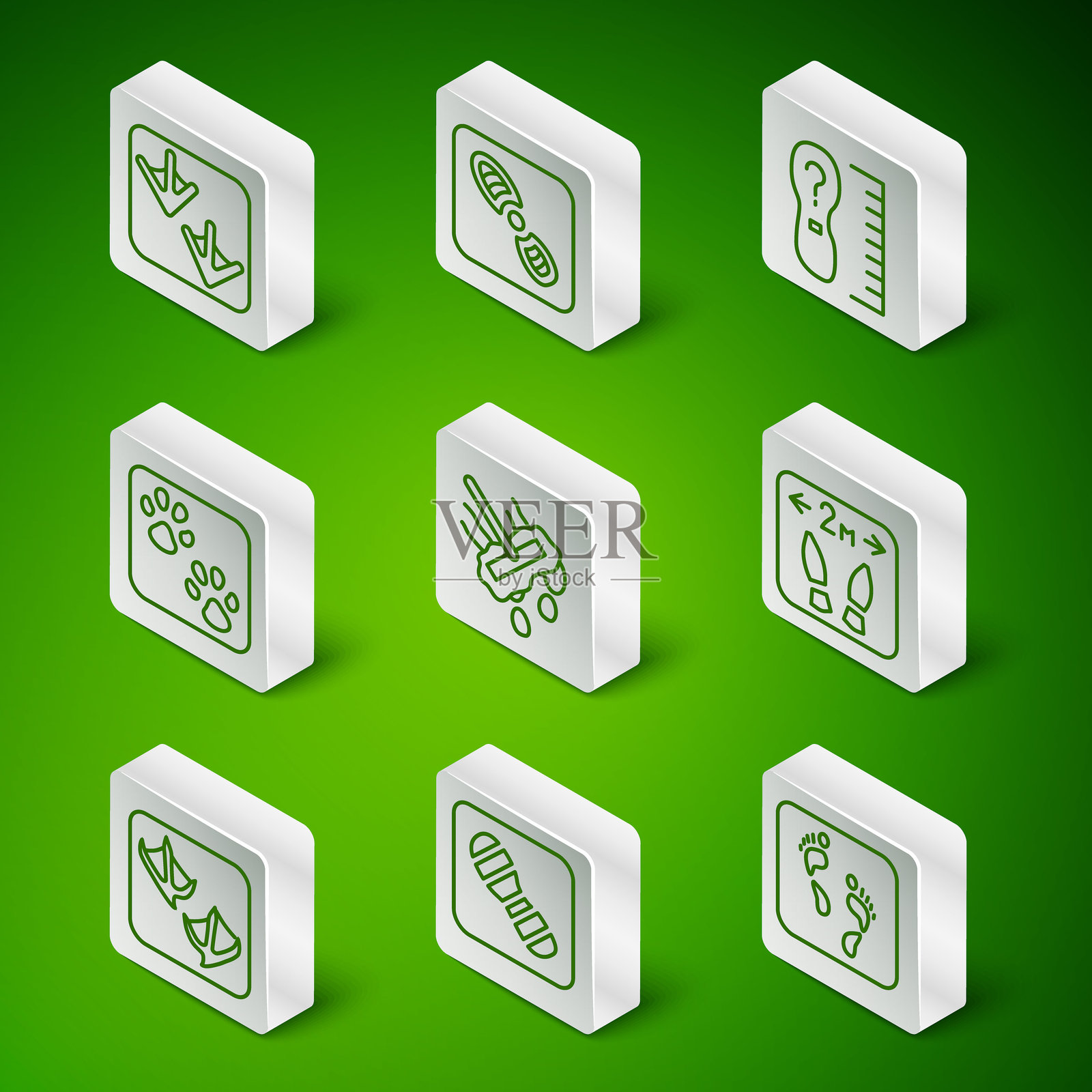 人类足迹、鞋印、鹅爪、拖把、爪子、海鸥和安全距离图标。矢量图。插画图片素材