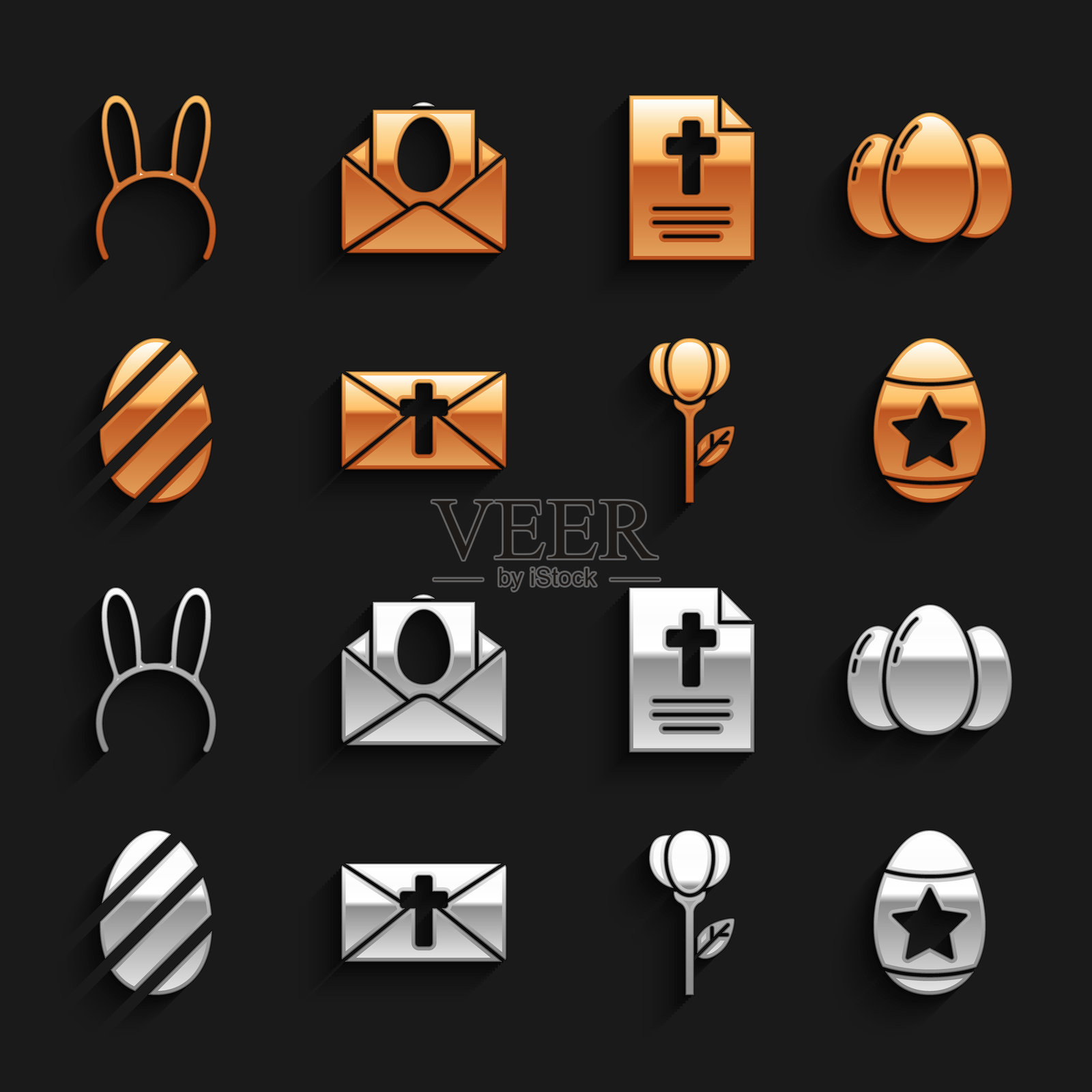 带有“复活节快乐”祝福的贺卡，包含彩蛋、郁金香花、长兔耳朵面具和图标。矢量图。插画图片素材