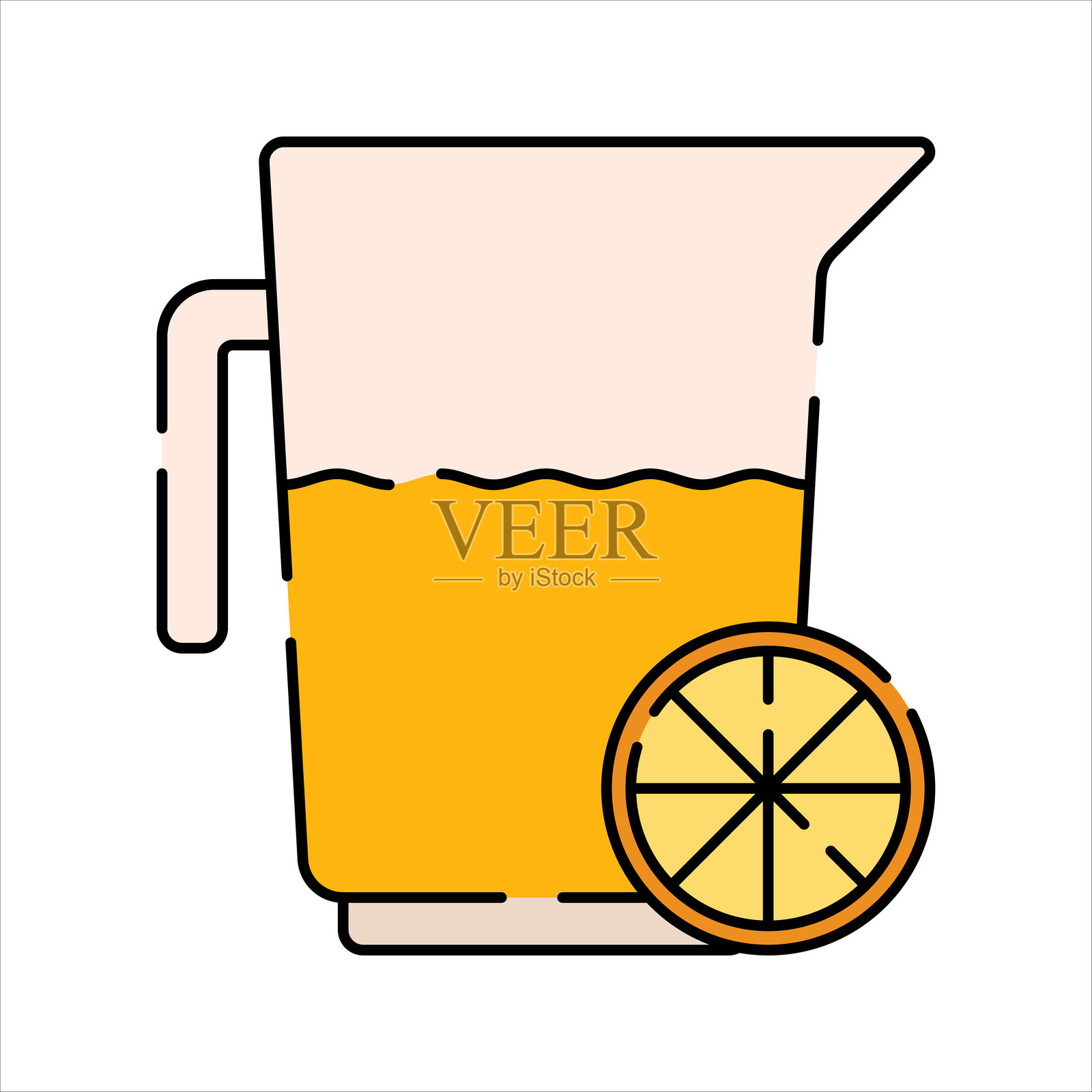平面设计风格的果汁壶，盛有橙汁并配有切片装饰，适合早餐饮食和健康内容。插画图片素材