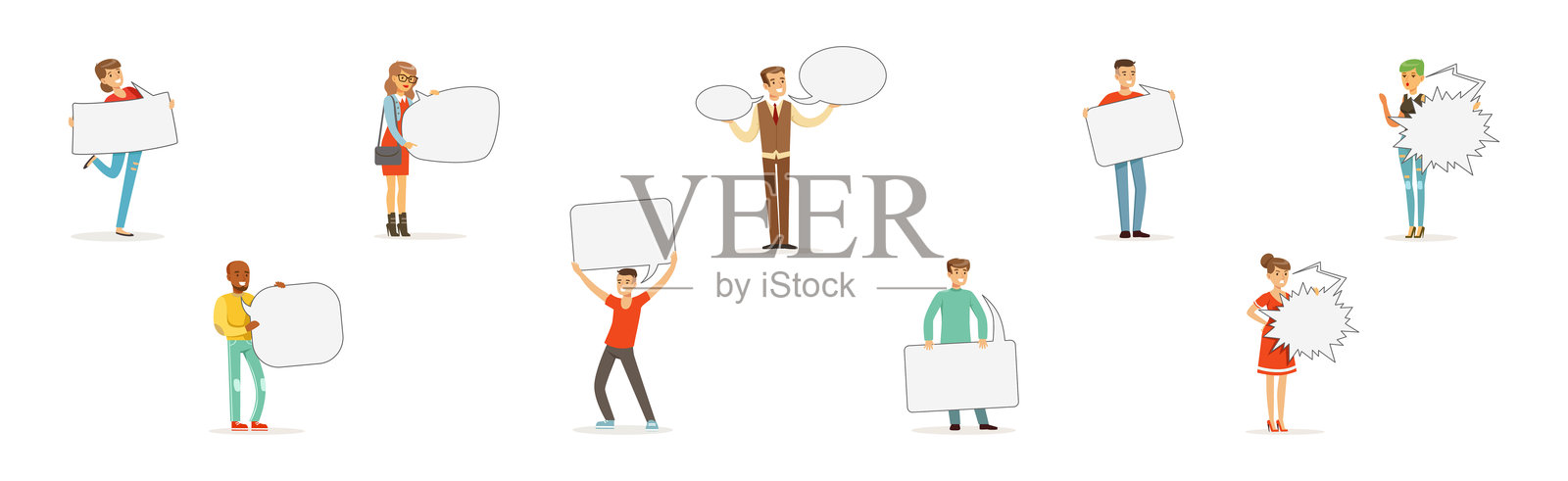 人物角色手持空白对话框矢量插图集插画图片素材