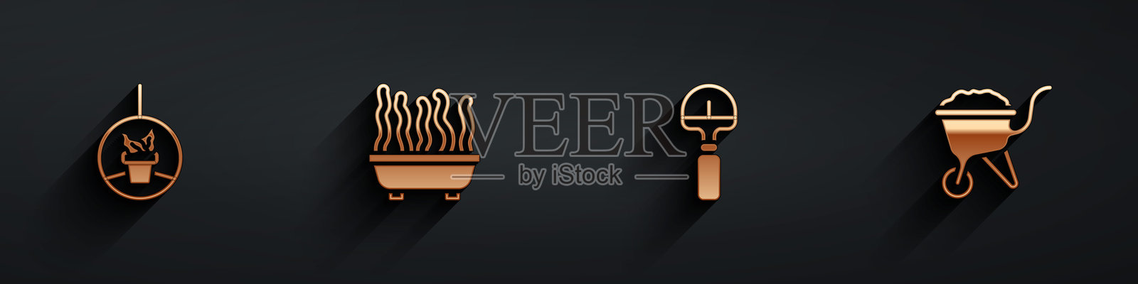 悬挂花盆中的植物，带长阴影的铲子和装有泥土的手推车图标。矢量图。插画图片素材