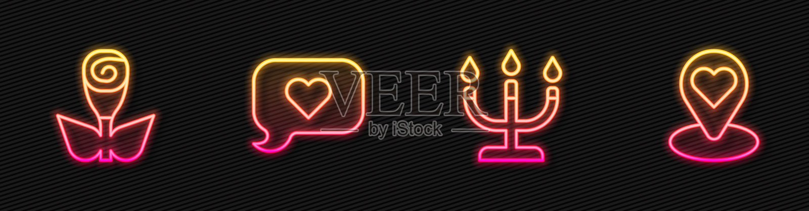 蜡烛图线条、玫瑰花、带心形的对话气泡和带心形的地点。发光的霓虹图标。矢量图。插画图片素材