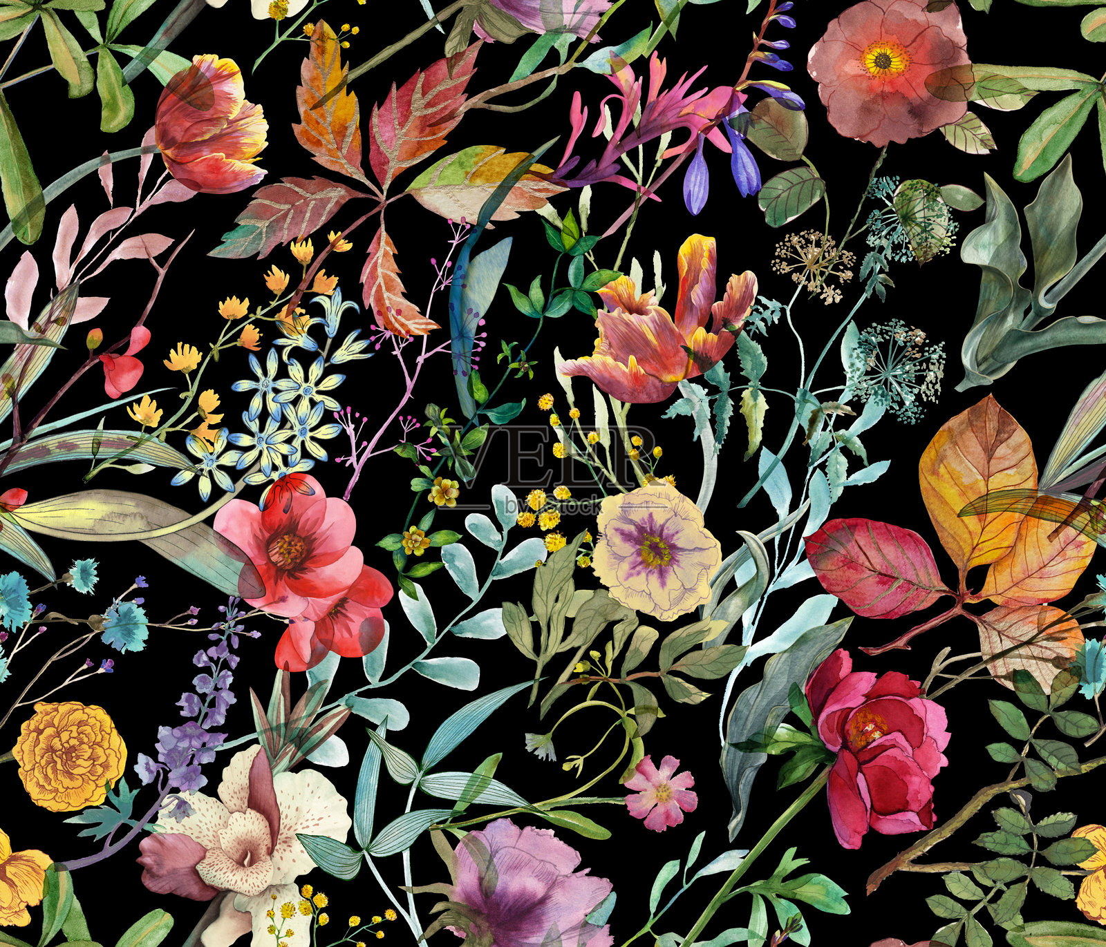 花卉水彩无缝图案，包含田野和花园花卉。野花水彩背景。插画图片素材