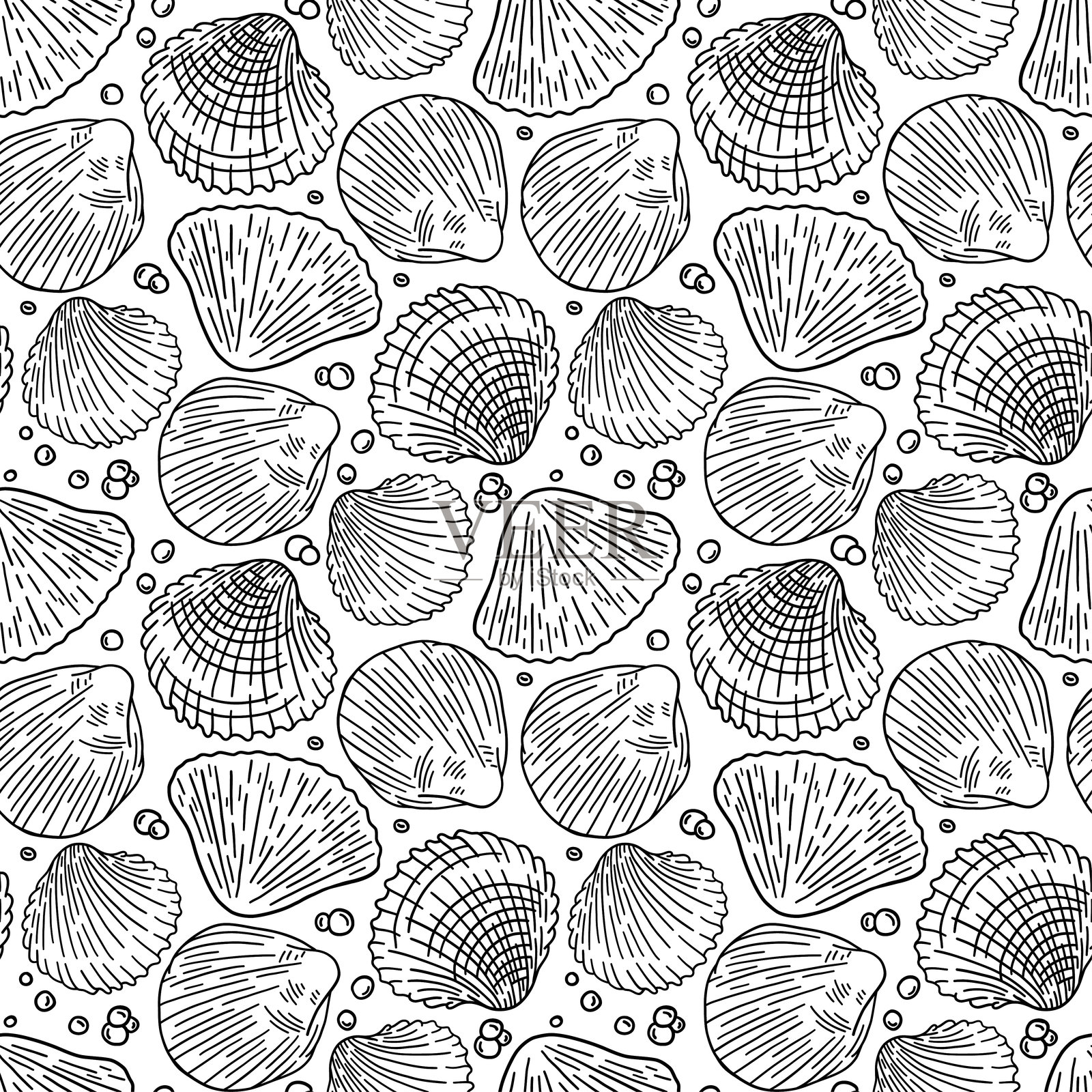 手绘海贝壳的无缝图案，背景为白色。海洋风格设计。矢量插图。适用于纺织品、壁纸和室内设计的海岸和沙滩主题概念。插画图片素材
