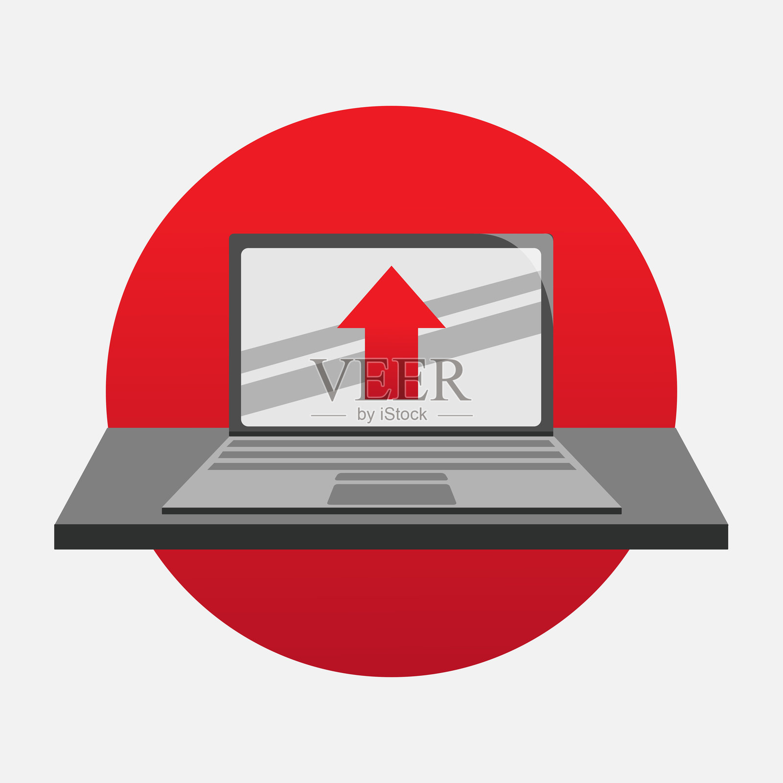 红色圆圈背景上的逼真笔记本电脑，屏幕上有红色箭头，信息图或演示模板插画图片素材