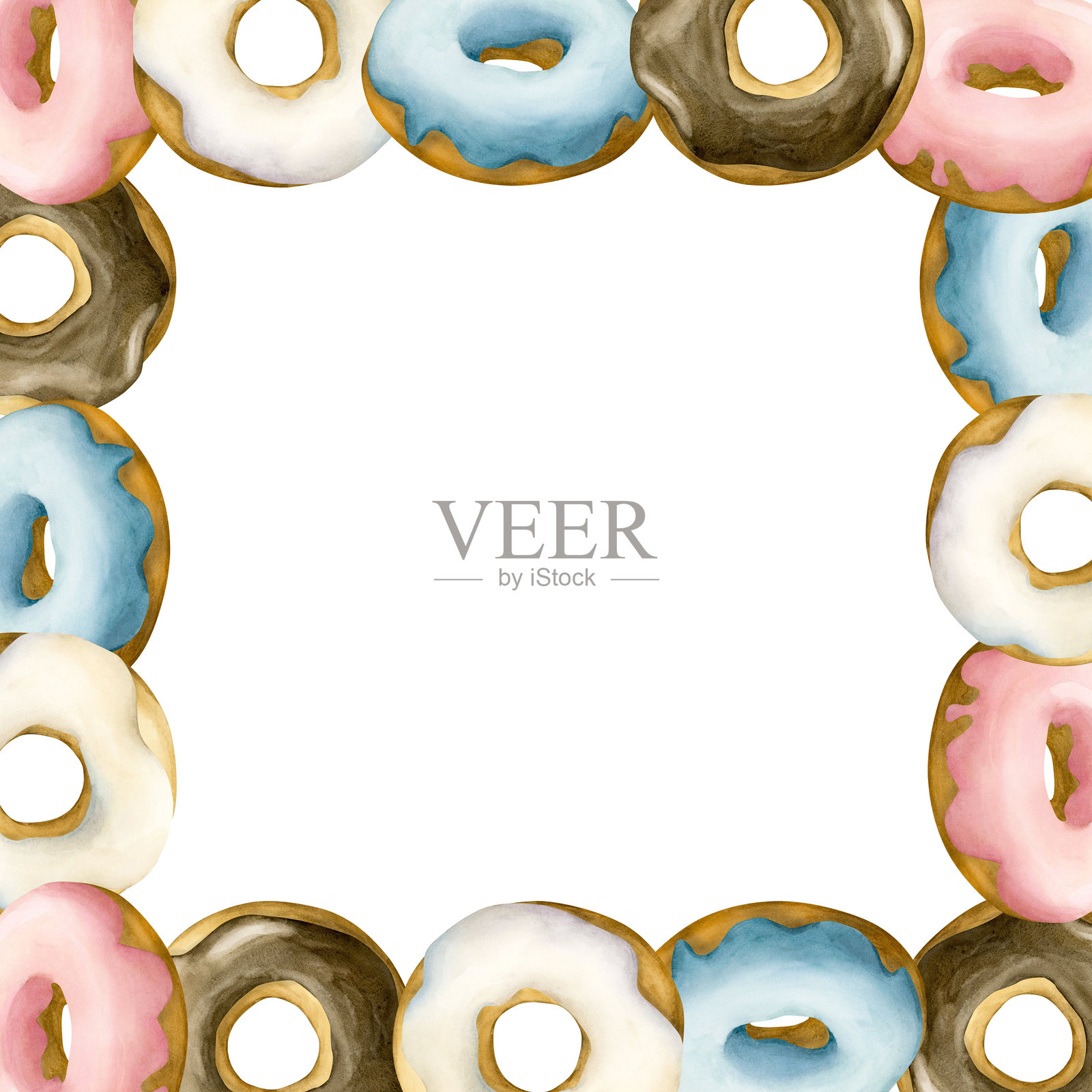 可爱的甜甜圈框架。白色、蓝色、粉色和巧克力糖霜的甜甜圈。水彩手绘的甜食插图。插画图片素材