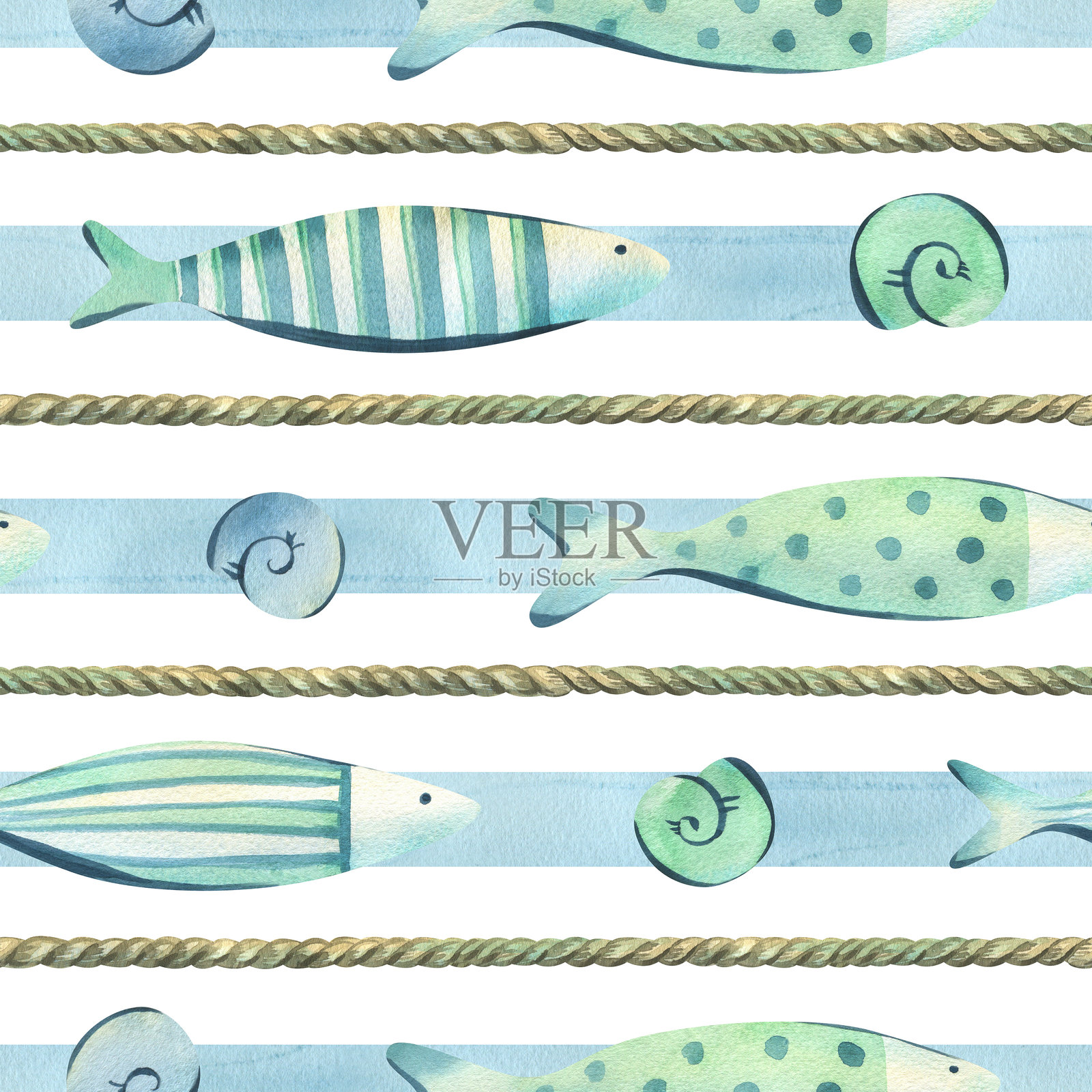 可爱的蓝色和青绿色装饰鱼与贝壳、条纹和绳子一起游动。水彩插图手绘于海洋和钓鱼主题。白色背景上的无缝图案。插画图片素材