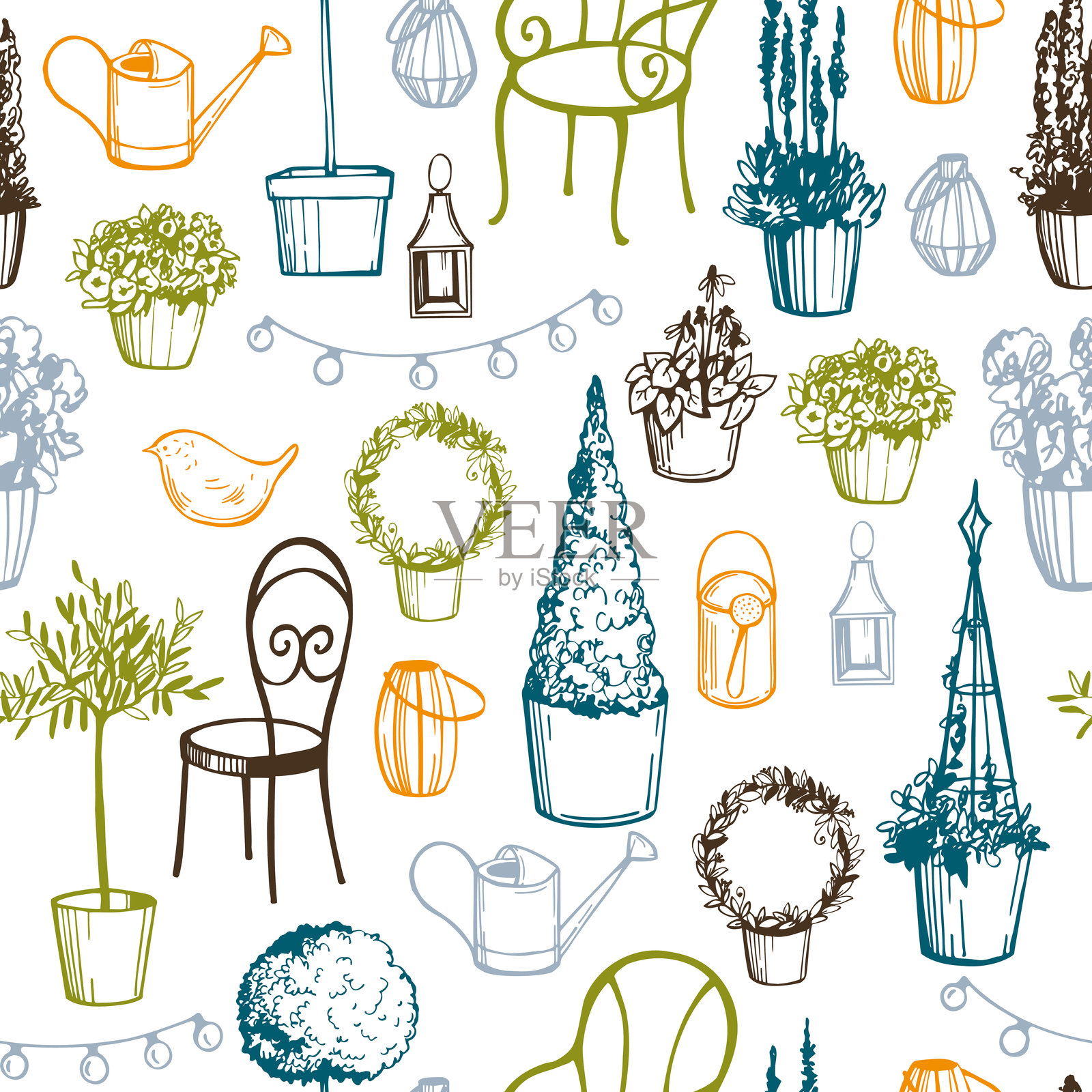 阳台上的盆栽花卉和家具。矢量图案插画图片素材