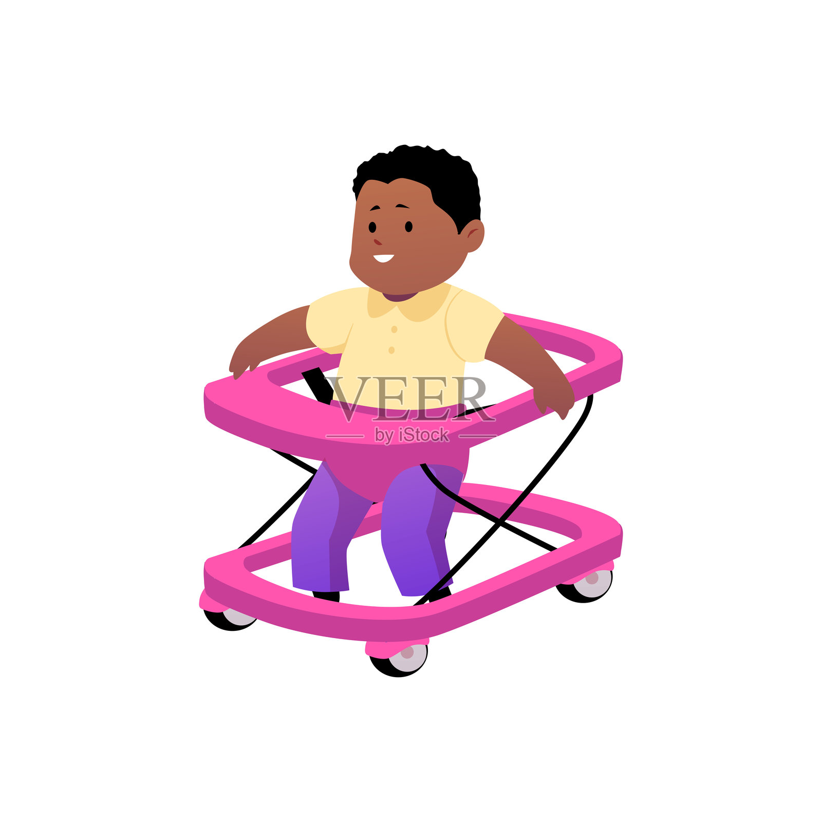 可爱的小男婴在学步车上走，黑肤色儿童的第一年活动，幼儿成长插画图片素材