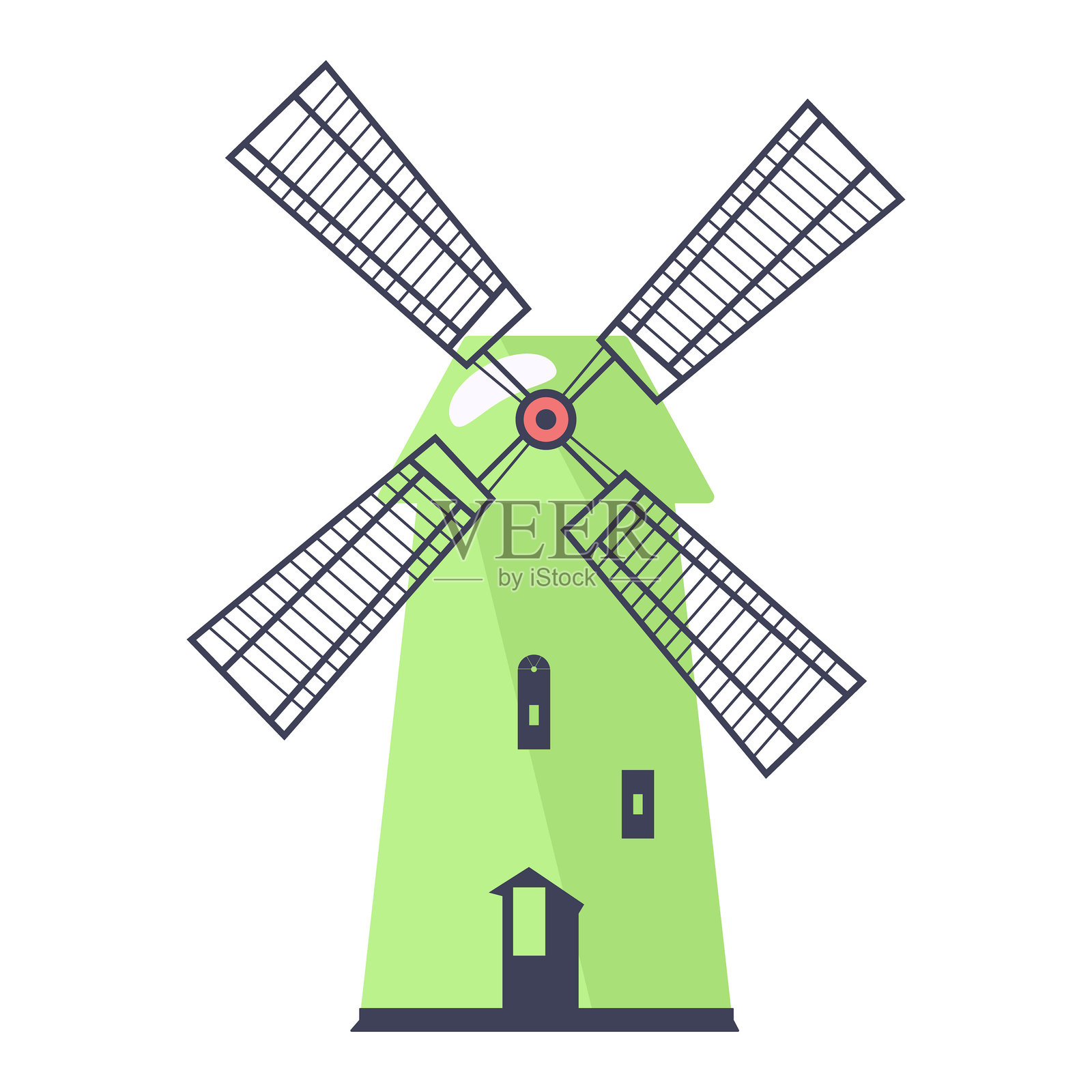 带螺旋桨的风车。老建筑上的旋转叶片。农业古老结构。谷物，能源生产。孤立的磨坊塔。矢量插图。插画图片素材