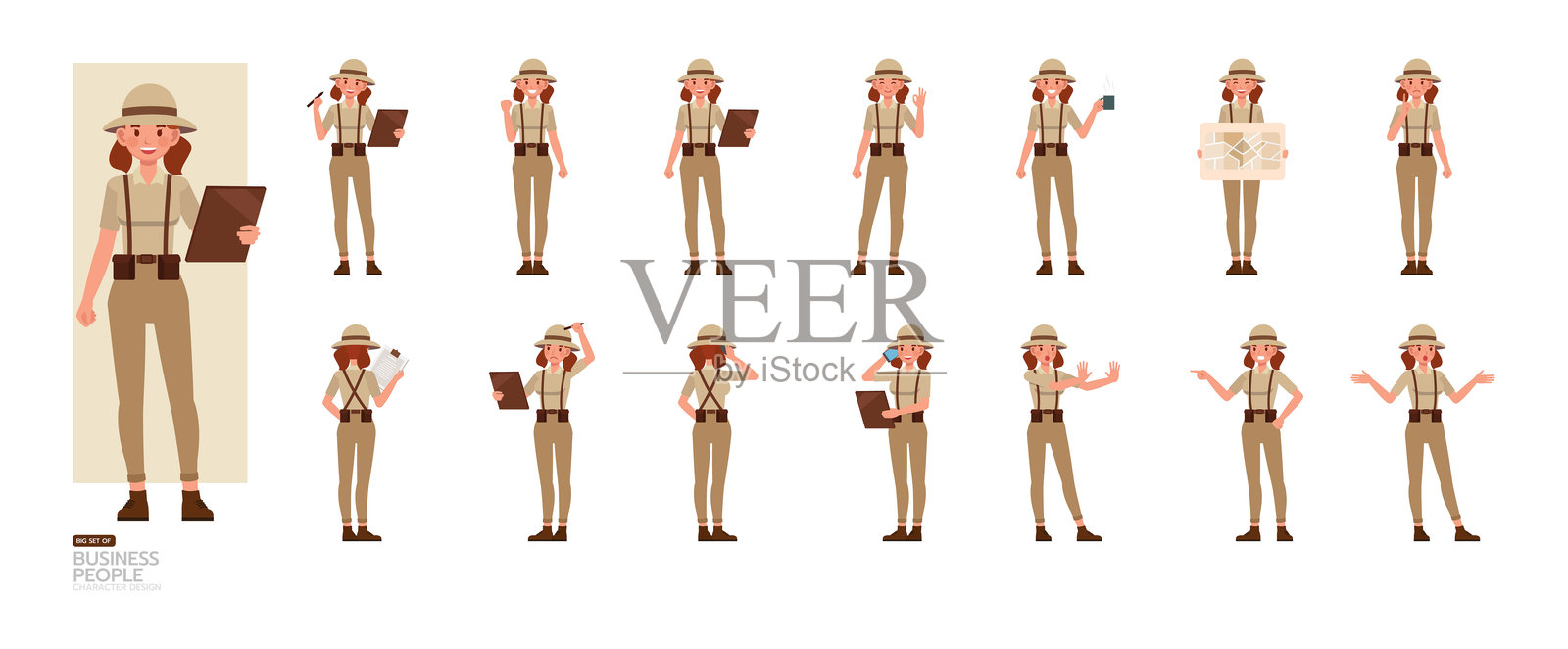 一组考古学女性角色穿着棕色套装的矢量插图设计。展示多种动作。插画图片素材