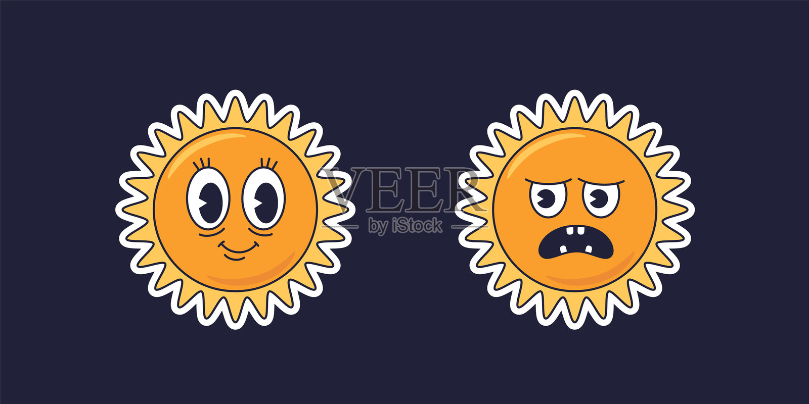 带有快乐和悲伤面孔的太阳，复古卡通角色，黑色背景上的矢量贴纸插画图片素材