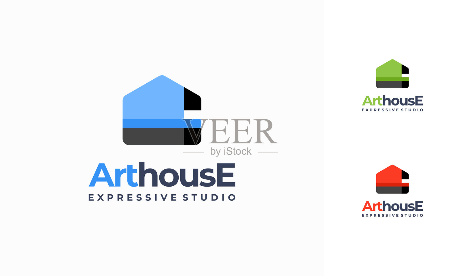 艺术画廊房屋标志。艺术博物馆或艺术学校概念标志，采用多彩设计的抽象几何形状房屋。色彩斑斓的房屋艺术作品标志图标。插画图片素材