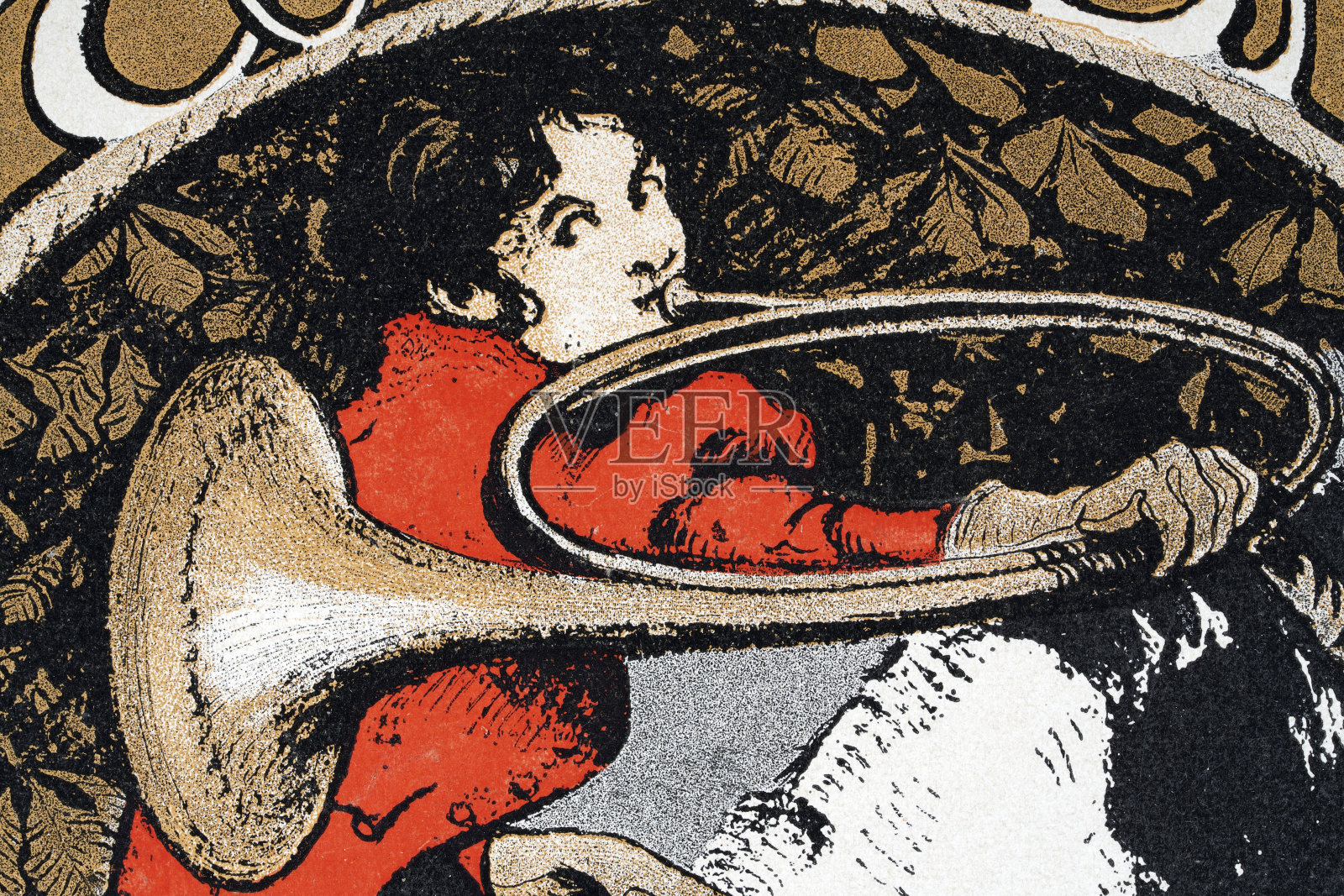 年轻女性吹奏法国号，青年风格，德国新艺术，1890年代，19世纪插画图片素材