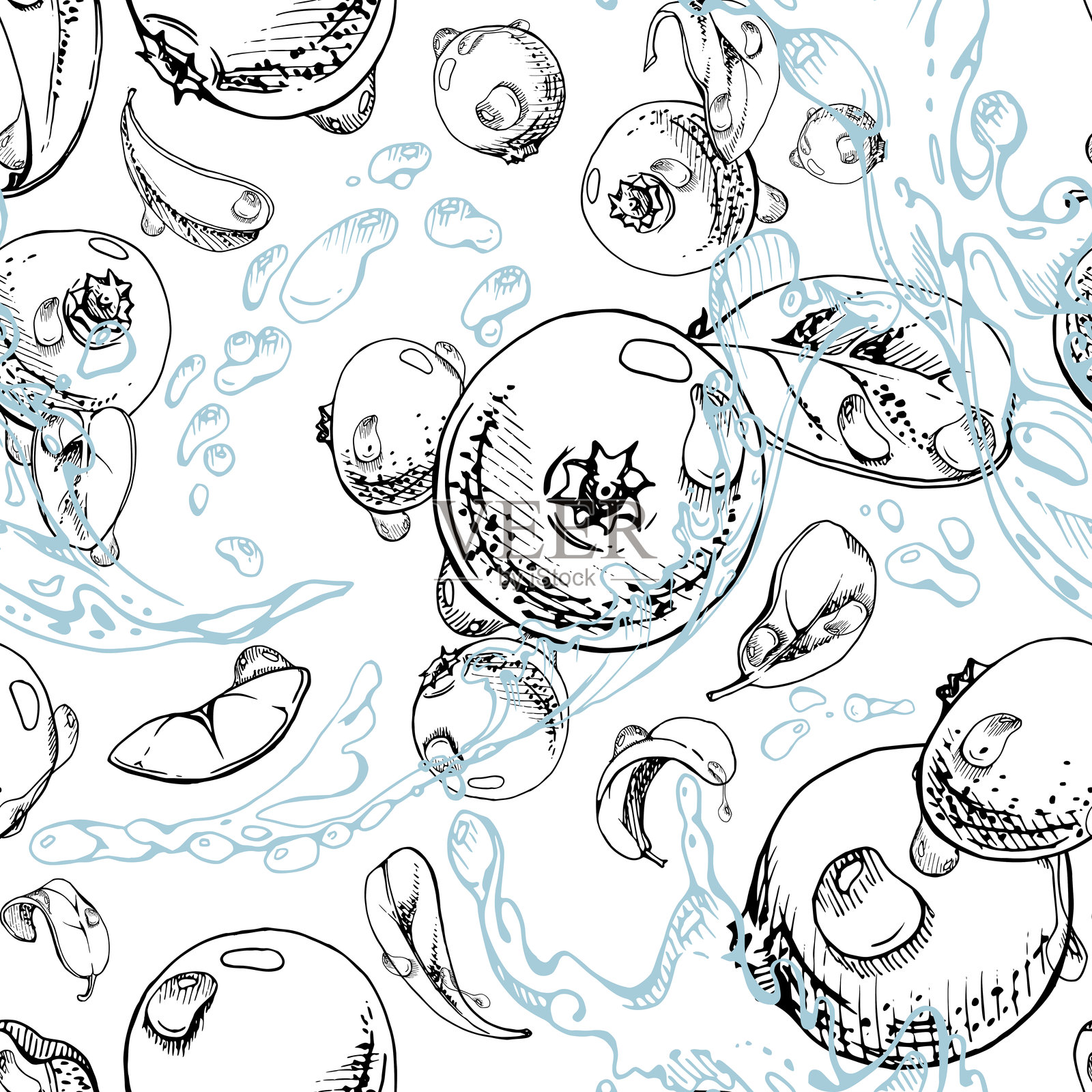 蔓越莓和越橘在水花中飞溅，伴有绿色叶子和露珠，成熟的夏季森林浆果。手绘的无缝图案，适用于纺织纸、甜点菜单和农贸市场。插画图片素材