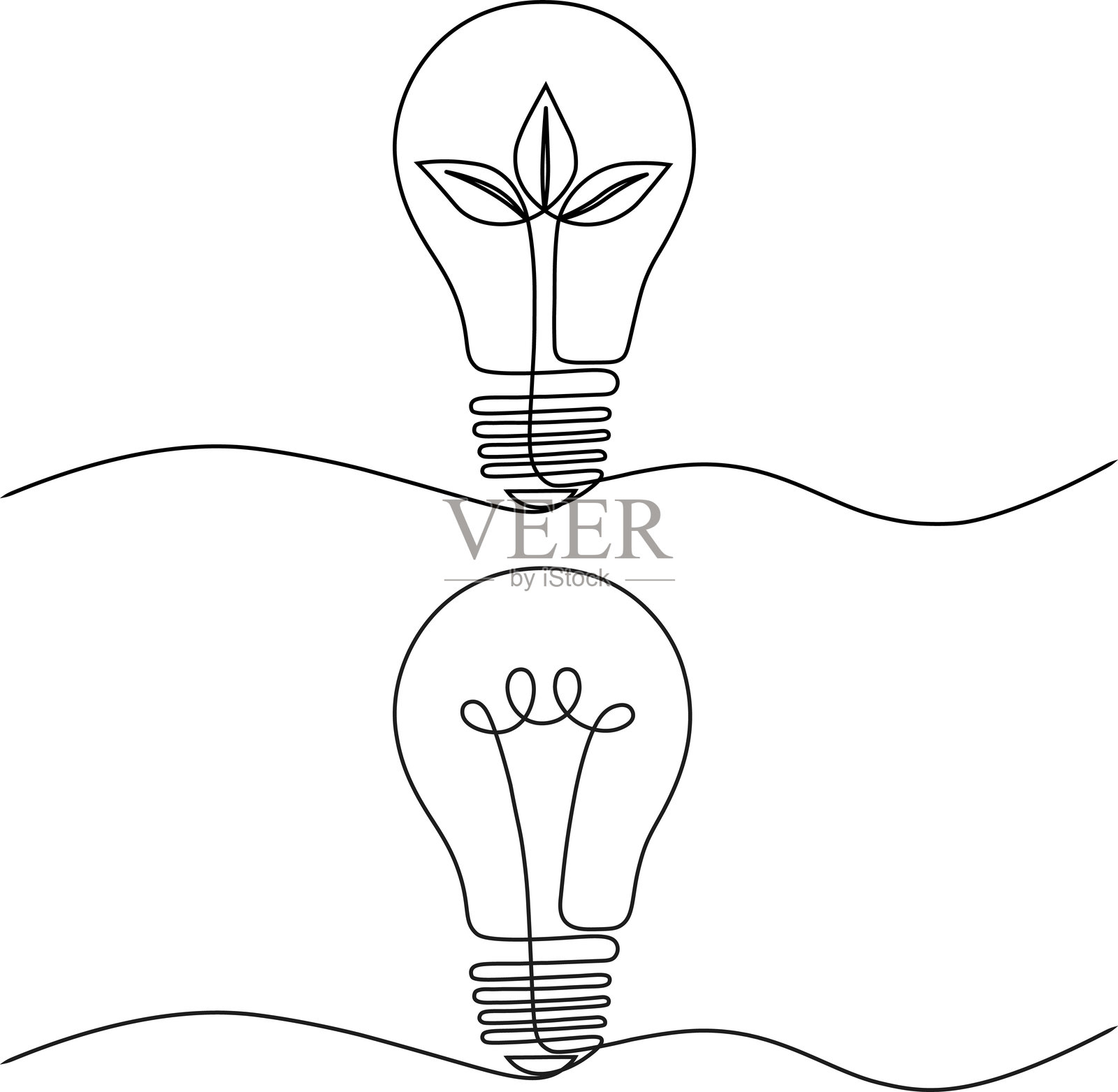 一条连续线条的灯泡概念插图，灯泡轮廓插画图片素材