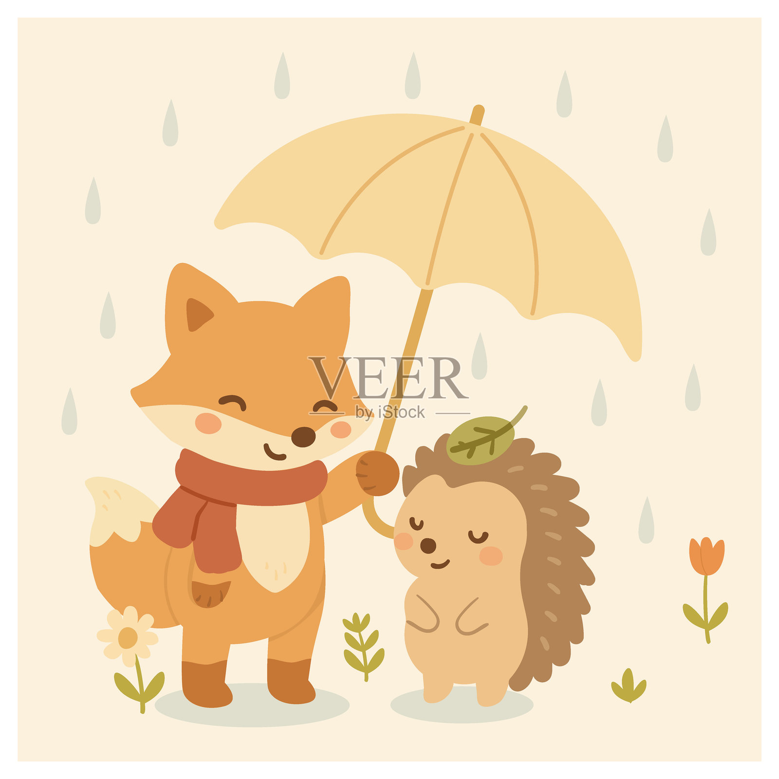 可爱的狐狸和刺猬在雨中共用一把伞的矢量插图。森林动物，友谊，适合幼儿园、面料、贺卡、婴儿印刷和儿童设计的剪贴画。插画图片素材