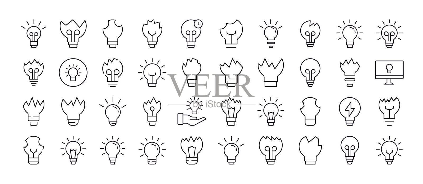 灯光相关的线条图标包。灯具和损坏灯具的轮廓标志，适用于图形和网页设计、应用程序、广告、各种卡片。插画图片素材