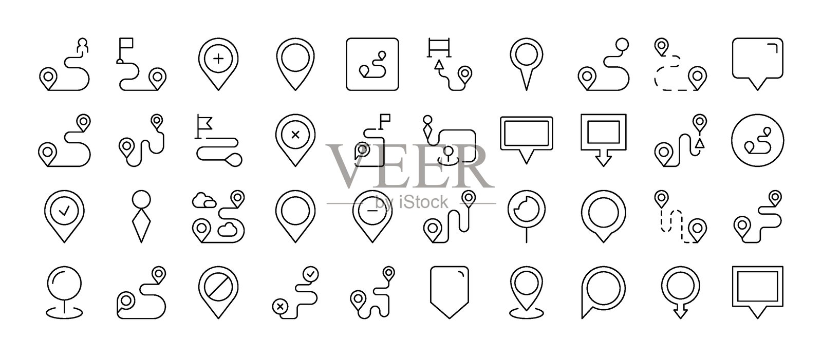地图图钉相关线条图标包。用于图形和网页设计、应用程序、广告、各种卡片的轮廓标志。插画图片素材