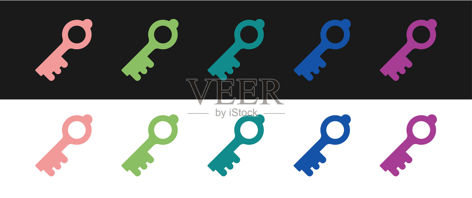 旧魔法钥匙图标，黑白背景。矢量图。插画图片素材