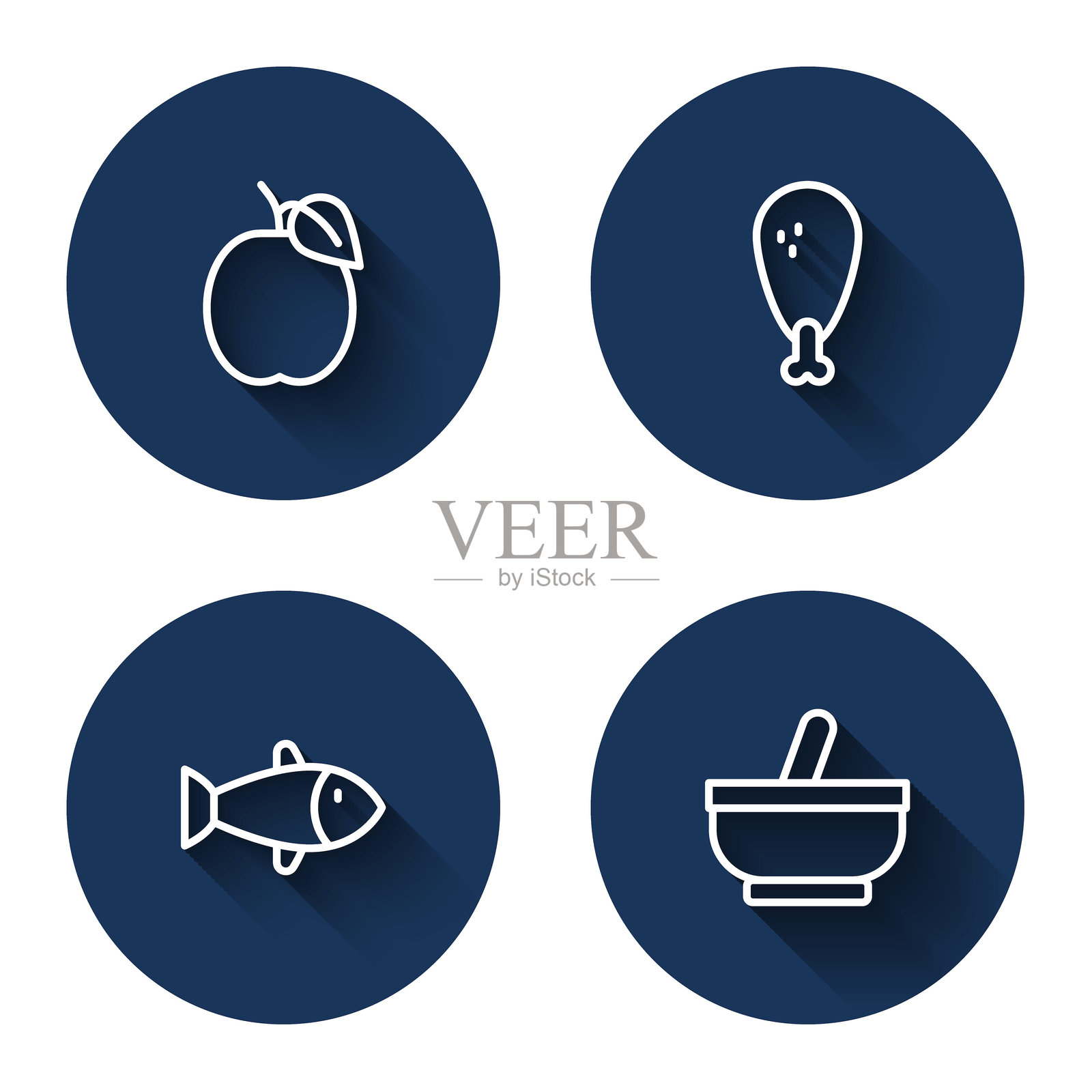 梅子、水鸡腿、鱼和长影子的研钵与杵。蓝色圆形按钮。矢量图。插画图片素材