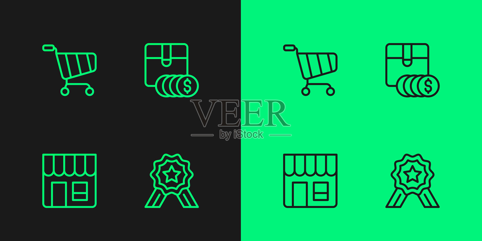 设置星级评分、市场商店、购物车和带美元图标的商品价格标签。矢量图。插画图片素材