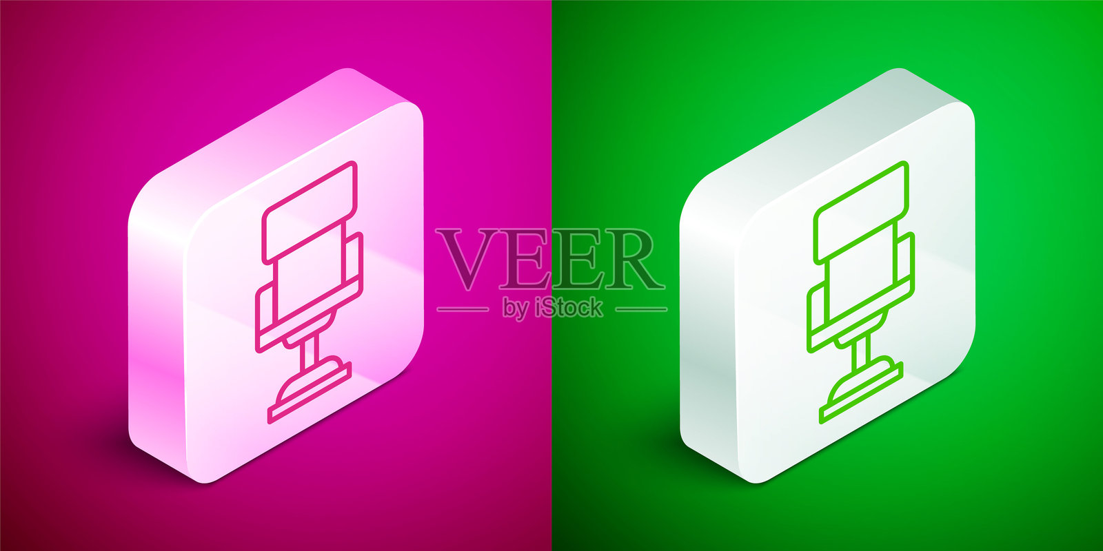 等距线条办公椅图标，背景为粉色和绿色。银色方形按钮。矢量图。插画图片素材