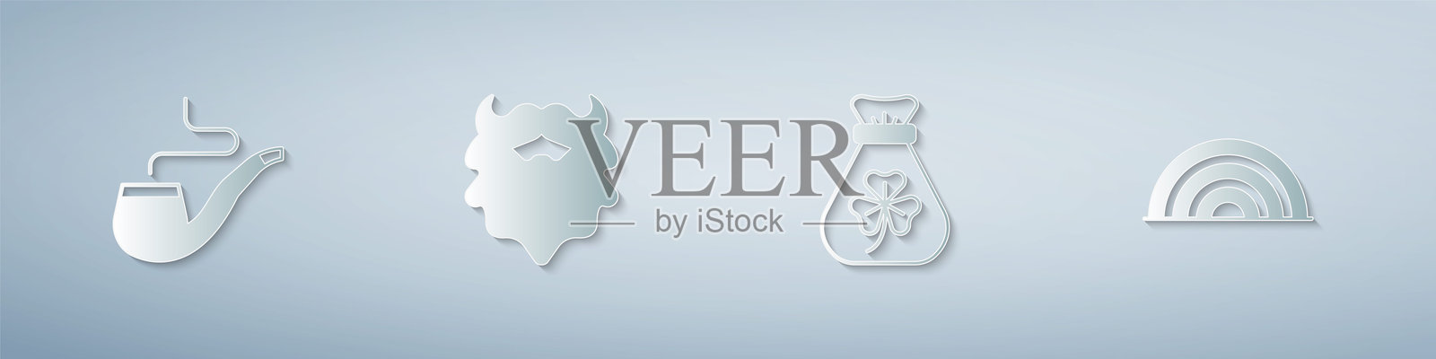 烟斗、胡子和胡须、带有三叶草的钱袋和彩虹。纸艺风格。矢量图。插画图片素材