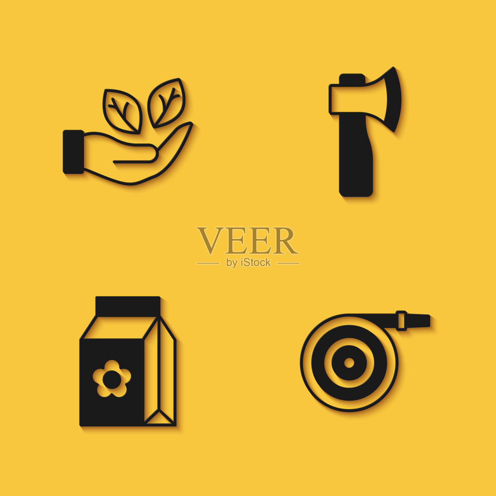 手持叶子的图标，花园水管，装满种子的包和带长阴影的木斧图标。矢量图。插画图片素材