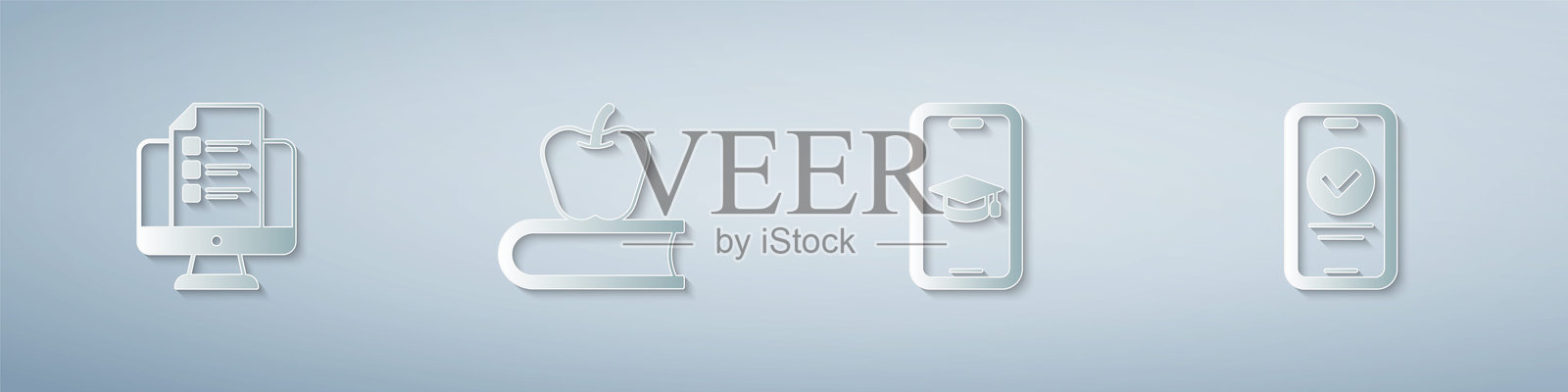 在线测验、测试、调查，书本与苹果，手机上的毕业帽，纸艺风格。矢量图。插画图片素材