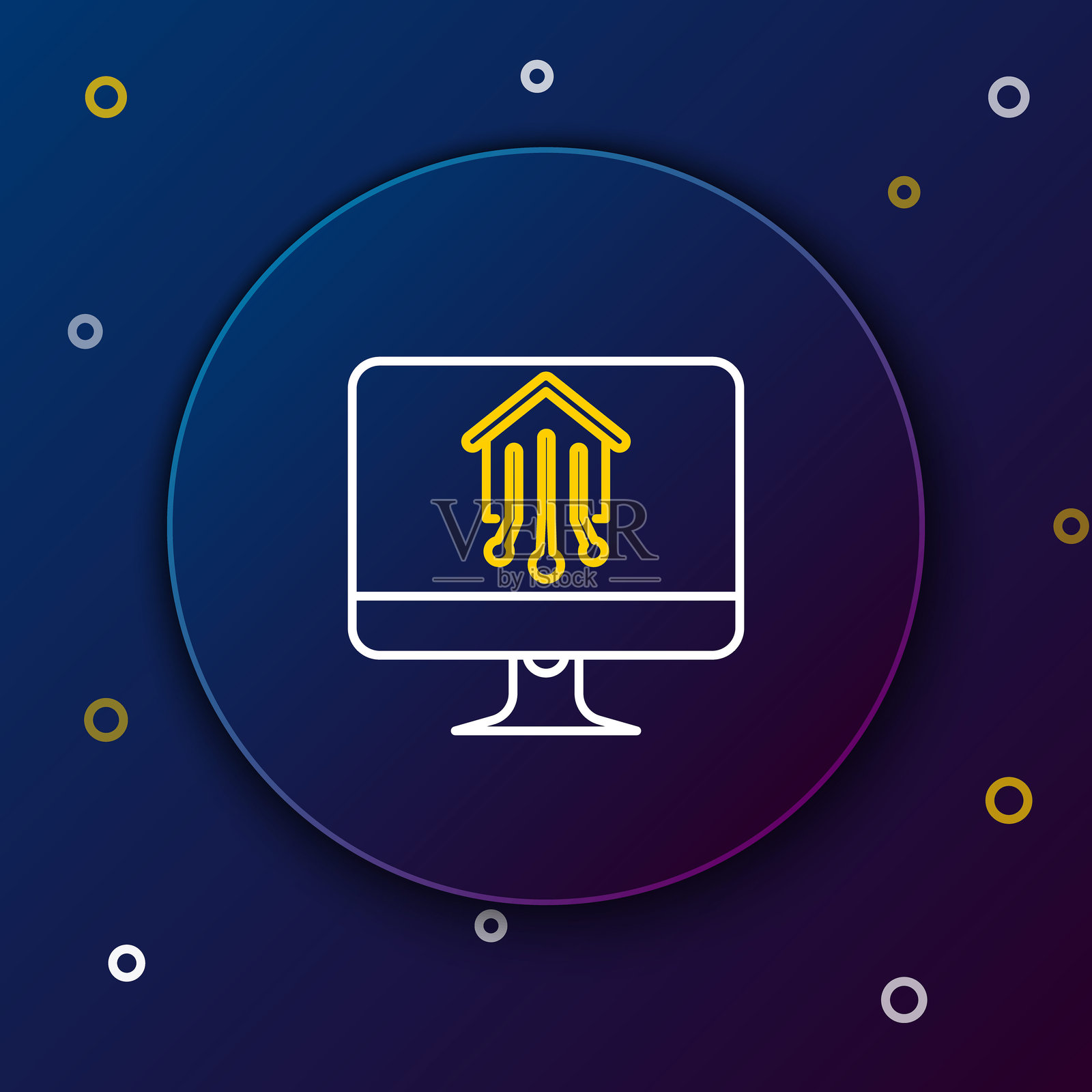 白色和黄色线条的电脑显示器，带有智能家居图标，背景为深蓝色。遥控器。彩色轮廓概念。矢量插图。插画图片素材