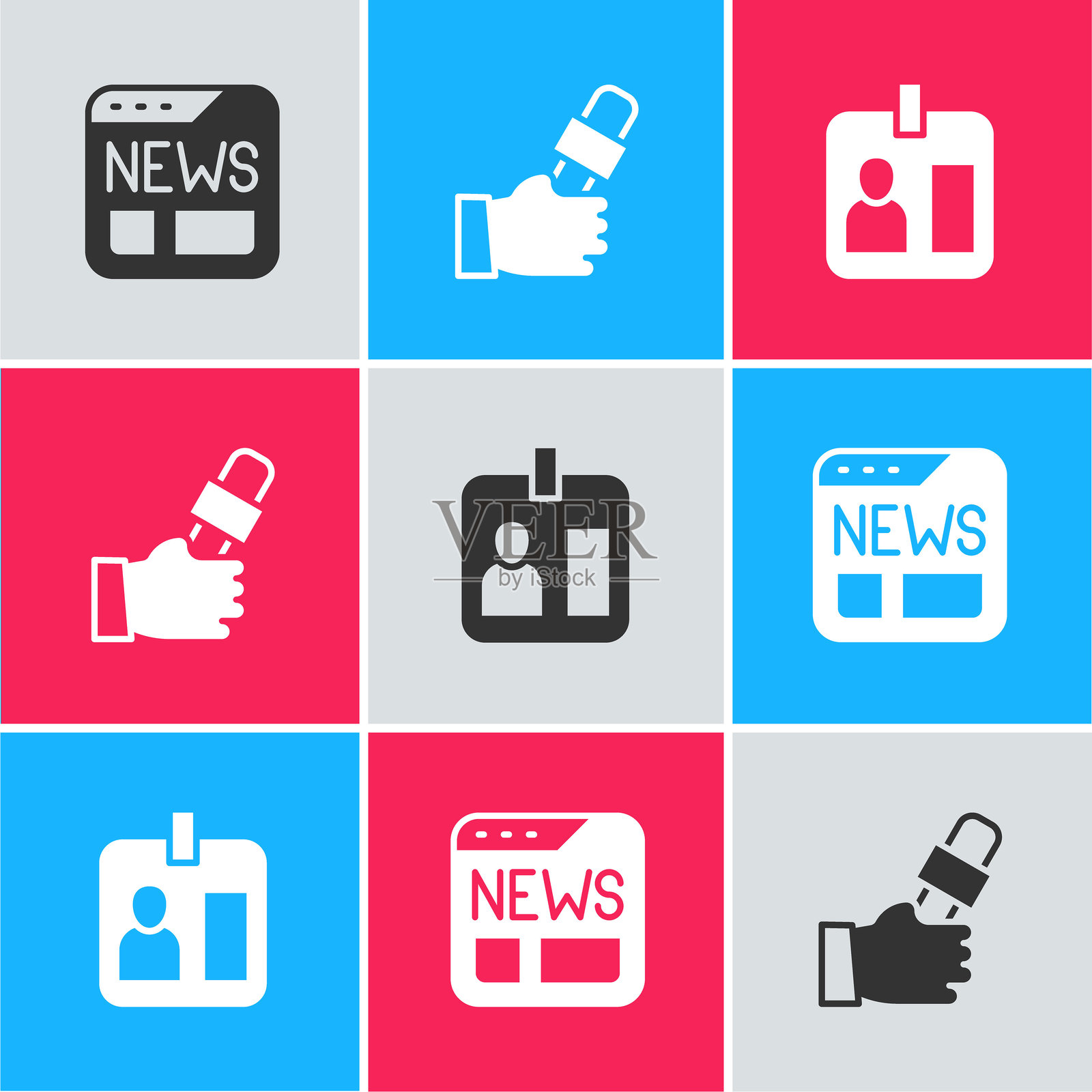 新闻、记者新闻和身份证图标。矢量图。插画图片素材