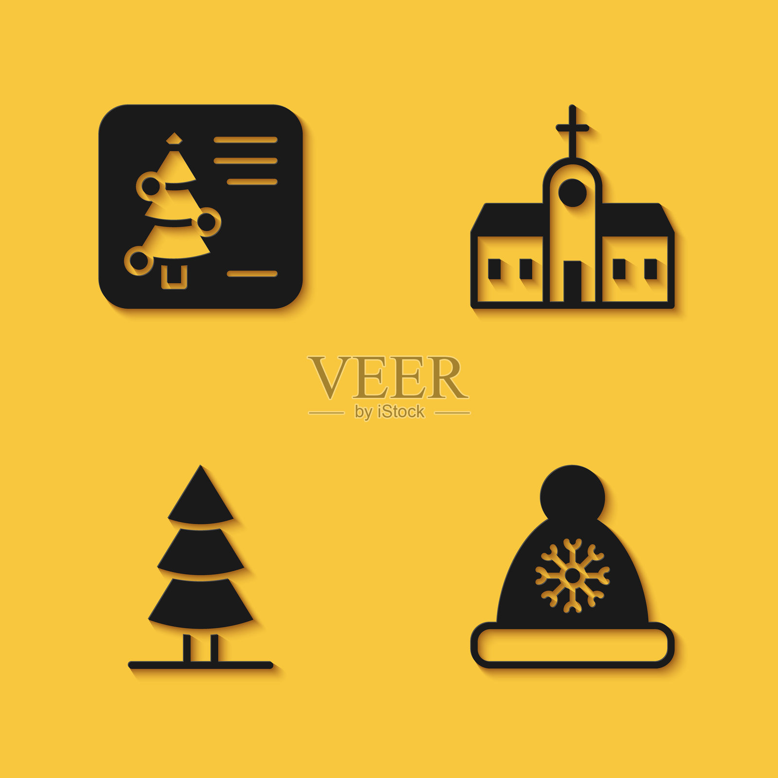 圣诞贺卡，圣诞老人帽，树和教堂建筑图标，带长阴影。矢量图。插画图片素材