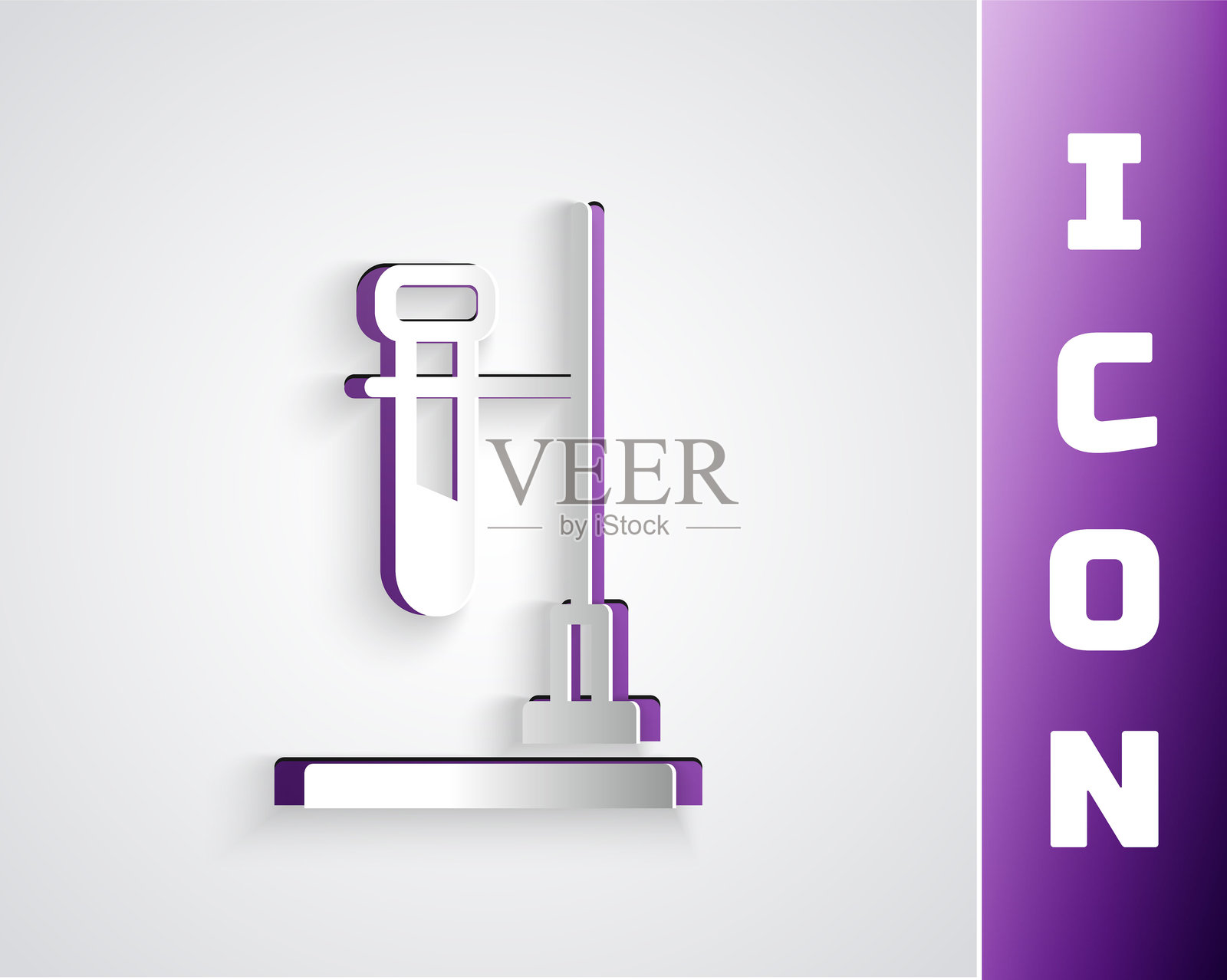 纸艺风格的试管烧瓶在火炉上进行实验图标，背景为灰色。实验室设备。插画图片素材