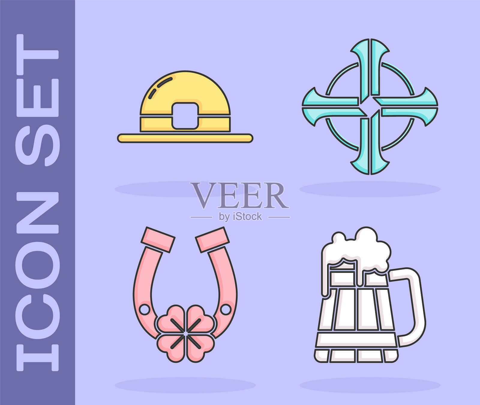 木制啤酒杯、妖精帽、带四叶草的马蹄铁和凯尔特十字架图标。矢量图。插画图片素材