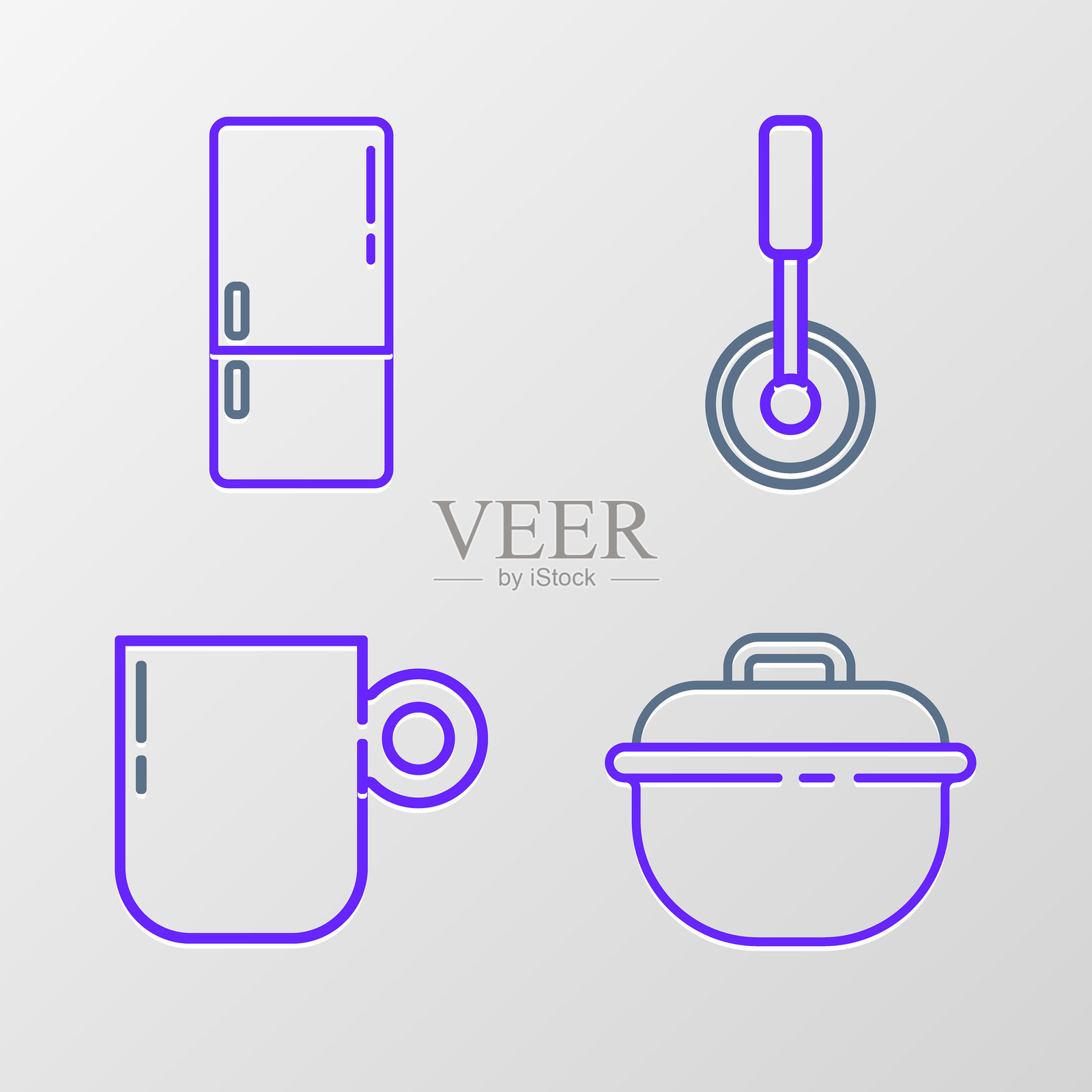 烹饪锅、咖啡杯、披萨刀和冰箱图标。矢量图。插画图片素材
