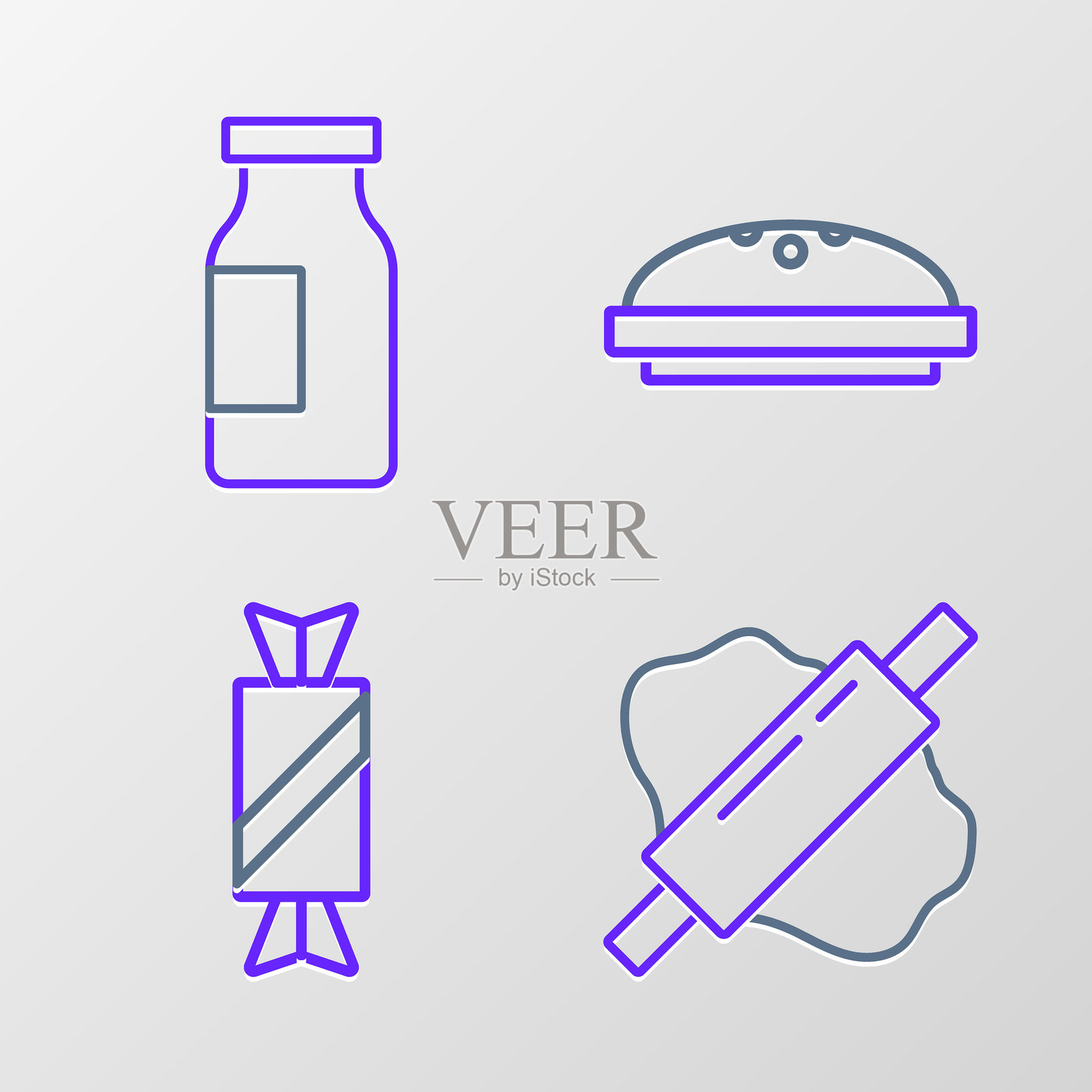 在面团上放置擀面杖、糖果、自制派和牛奶瓶图标。矢量图。插画图片素材
