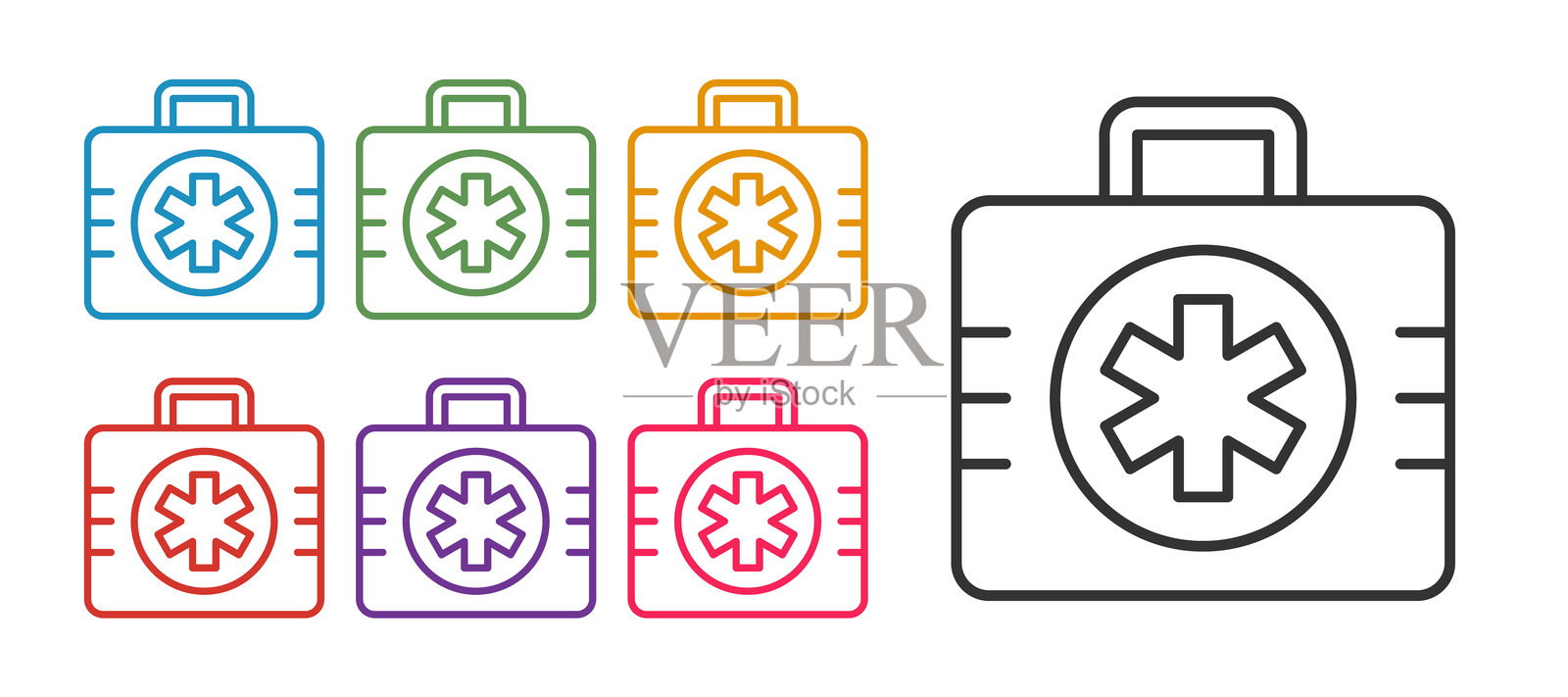 急救箱图标，背景为白色。带有十字的医疗箱。紧急医疗设备。医疗保健概念。彩色图标集合。矢量图。插画图片素材