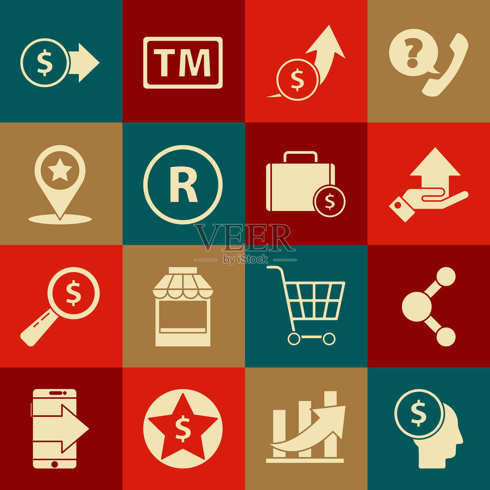 商业人士规划思维，分享，手中持有的钱，财务增长硬币，注册商标，带星标的地图指针，美元符号的硬币和公文包图标。矢量图。插画图片素材