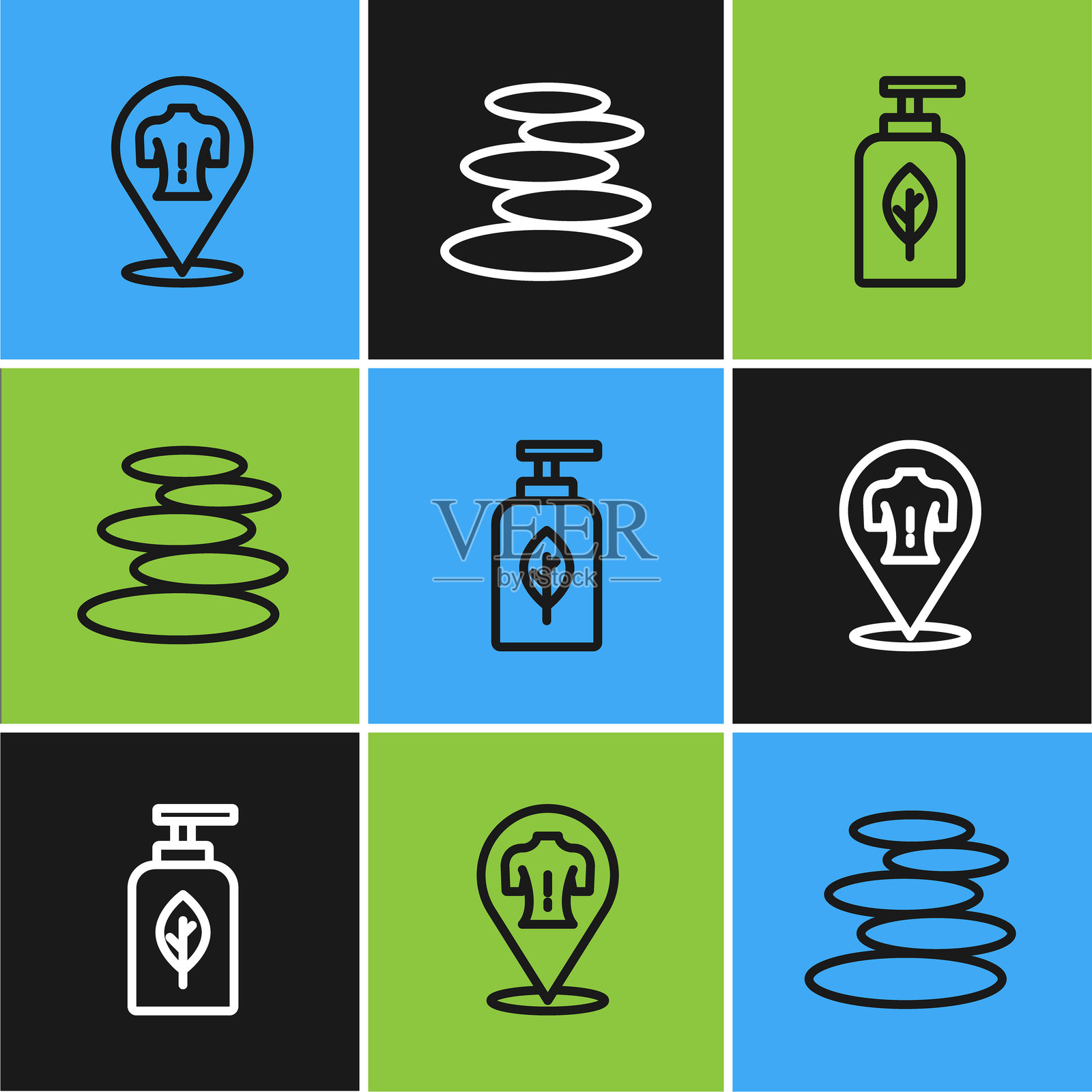 设置线条按摩、精油瓶和堆叠热石图标。矢量。插画图片素材