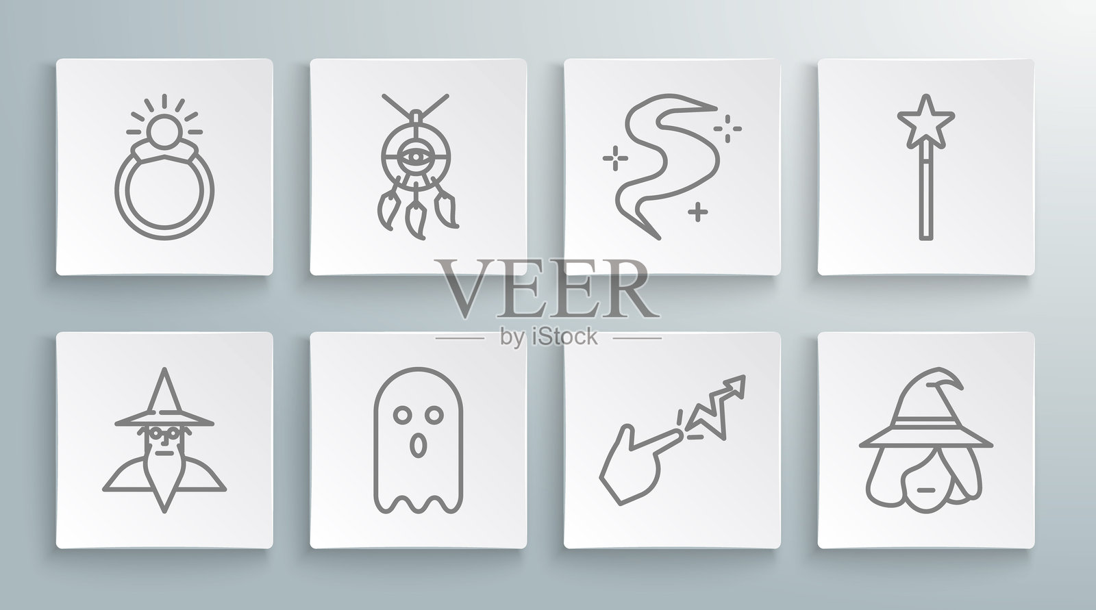 巫师与术士的图标，梦捕手与羽毛，幽灵，咒语，女巫，魔法雾气或烟雾，魔杖和石环宝石。矢量图。插画图片素材