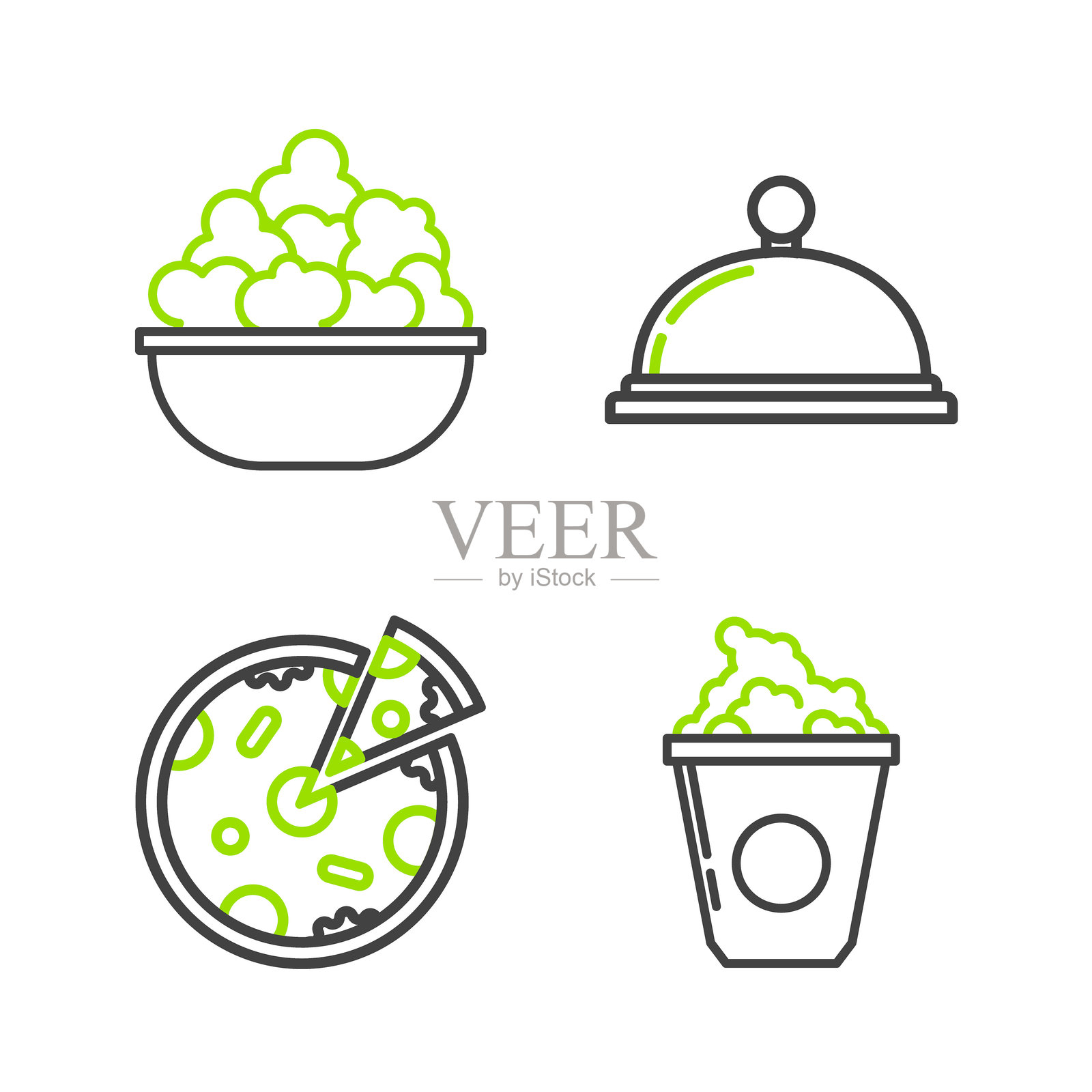 纸箱中的爆米花、披萨、覆盖着食物托盘和碗的图标。矢量图。插画图片素材
