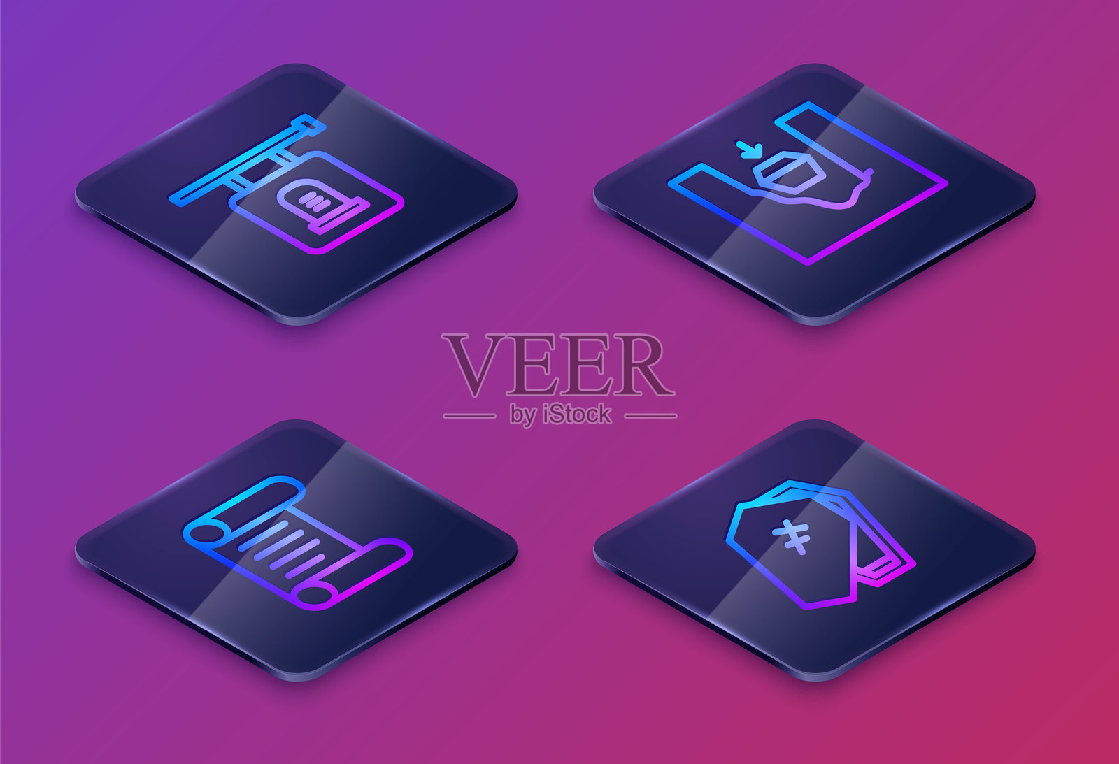 等距线条标志牌，墓碑，法令，羊皮纸，卷轴，带十字架的棺材。蓝色方形按钮。矢量图。插画图片素材