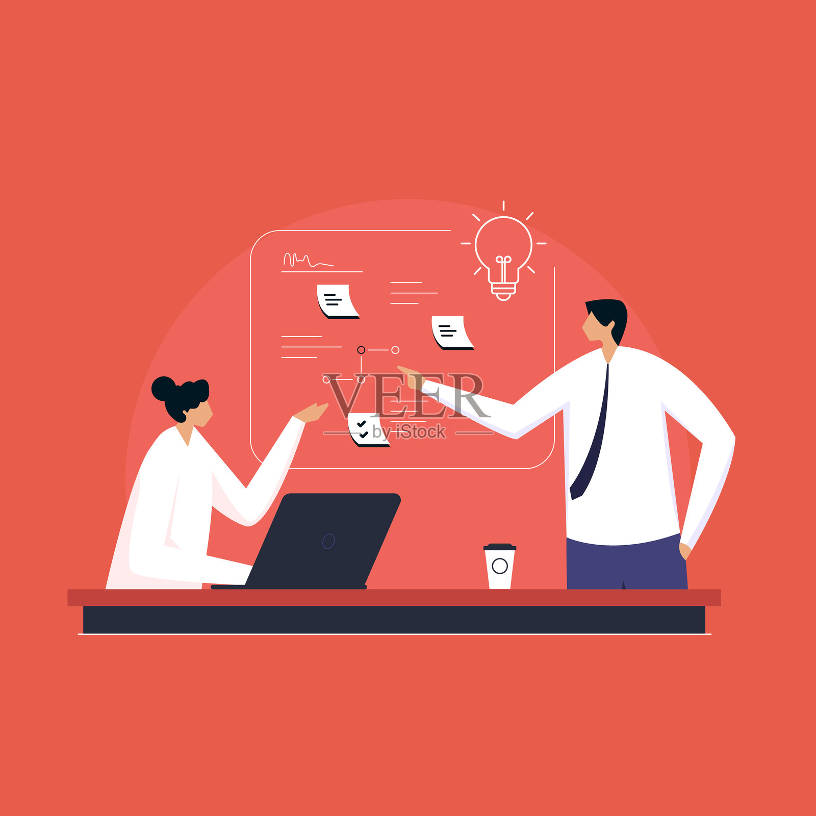 商业团队在现代会议室中进行动态讨论，集思广益， brainstorm 新的想法和策略。插画图片素材