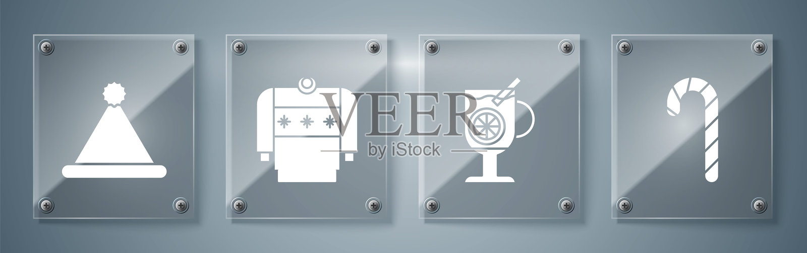 圣诞糖果手杖与条纹，热红酒与饮料杯，圣诞毛衣和圣诞老人的帽子。方形玻璃面板。矢量图。插画图片素材