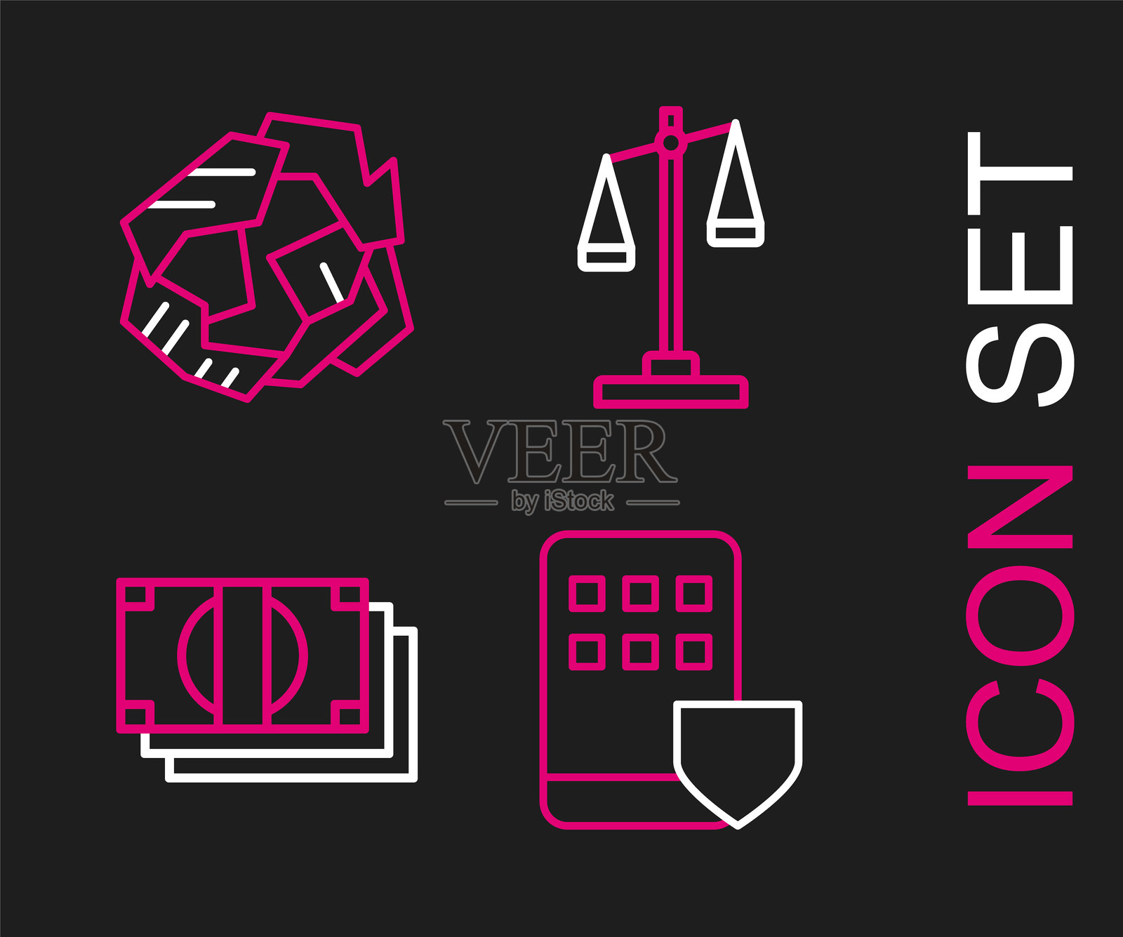 智能手机保险图标，叠放的纸币现金，公正天平和皱巴巴的球图标。矢量图。插画图片素材